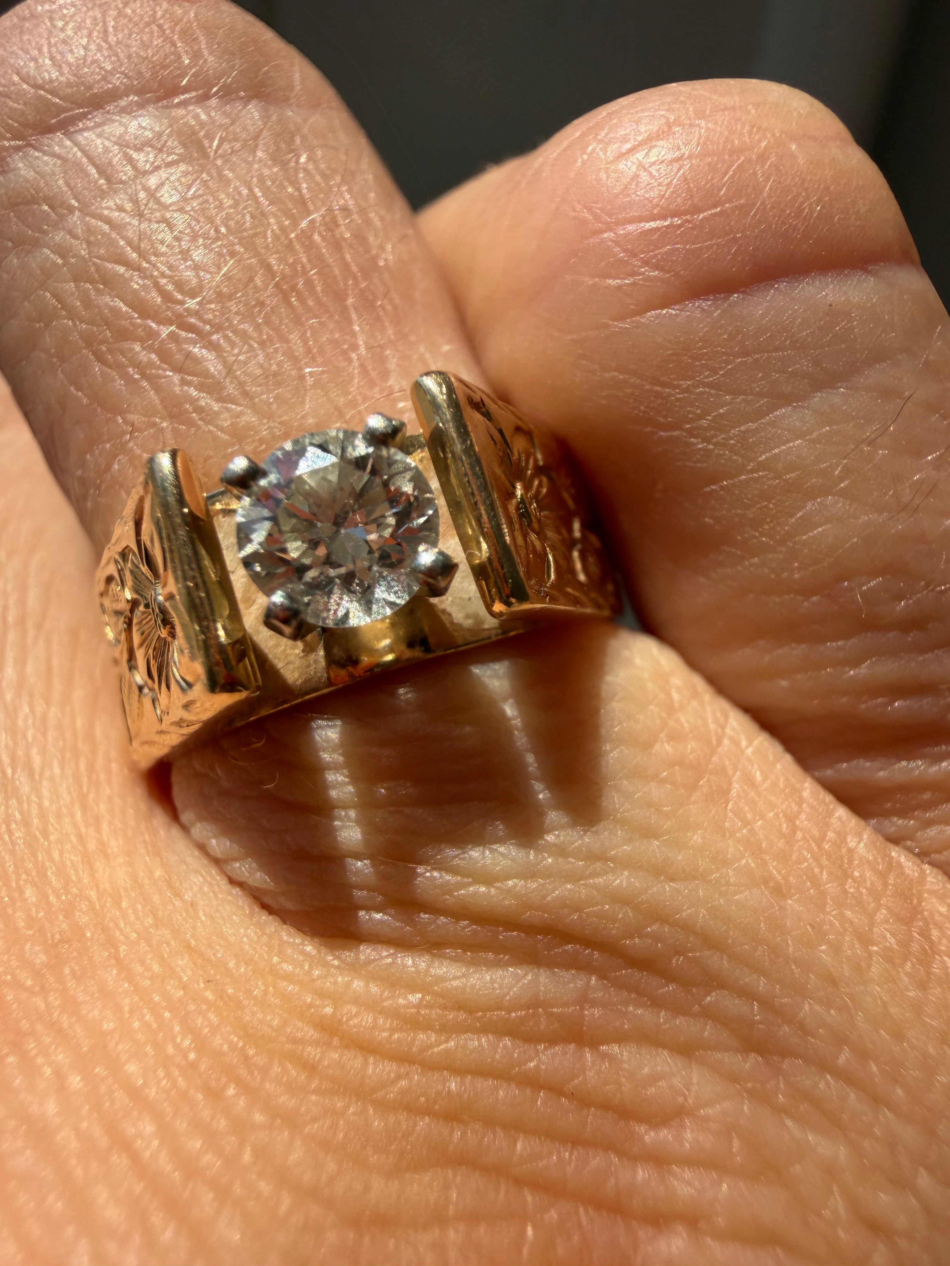 hand engraved floral cathedral style OEC diamond ring