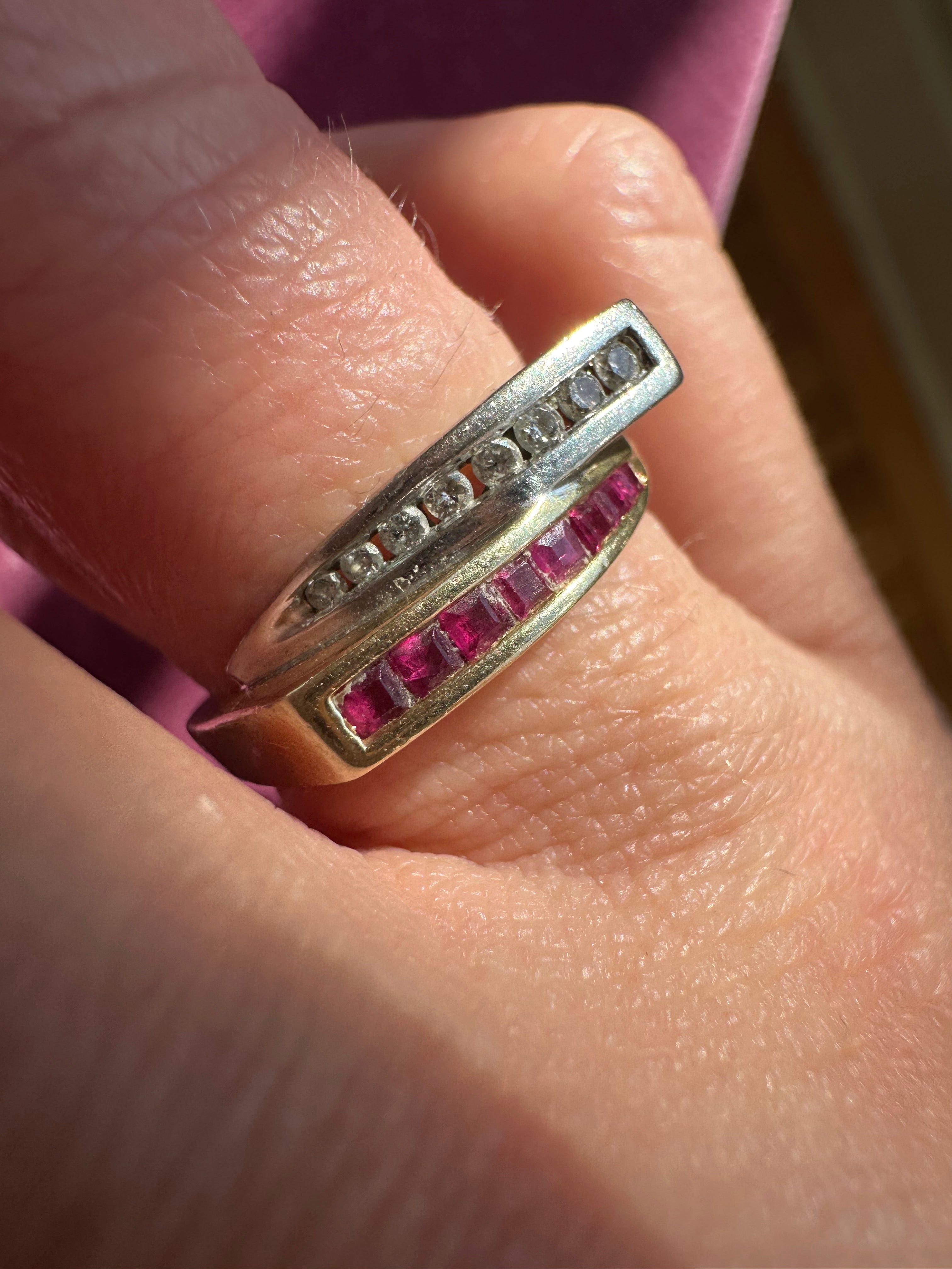 ruby and diamond squared edge ring