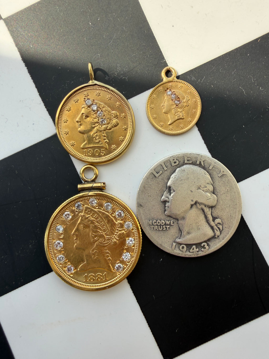 diamond adorned antique US Liberty coins