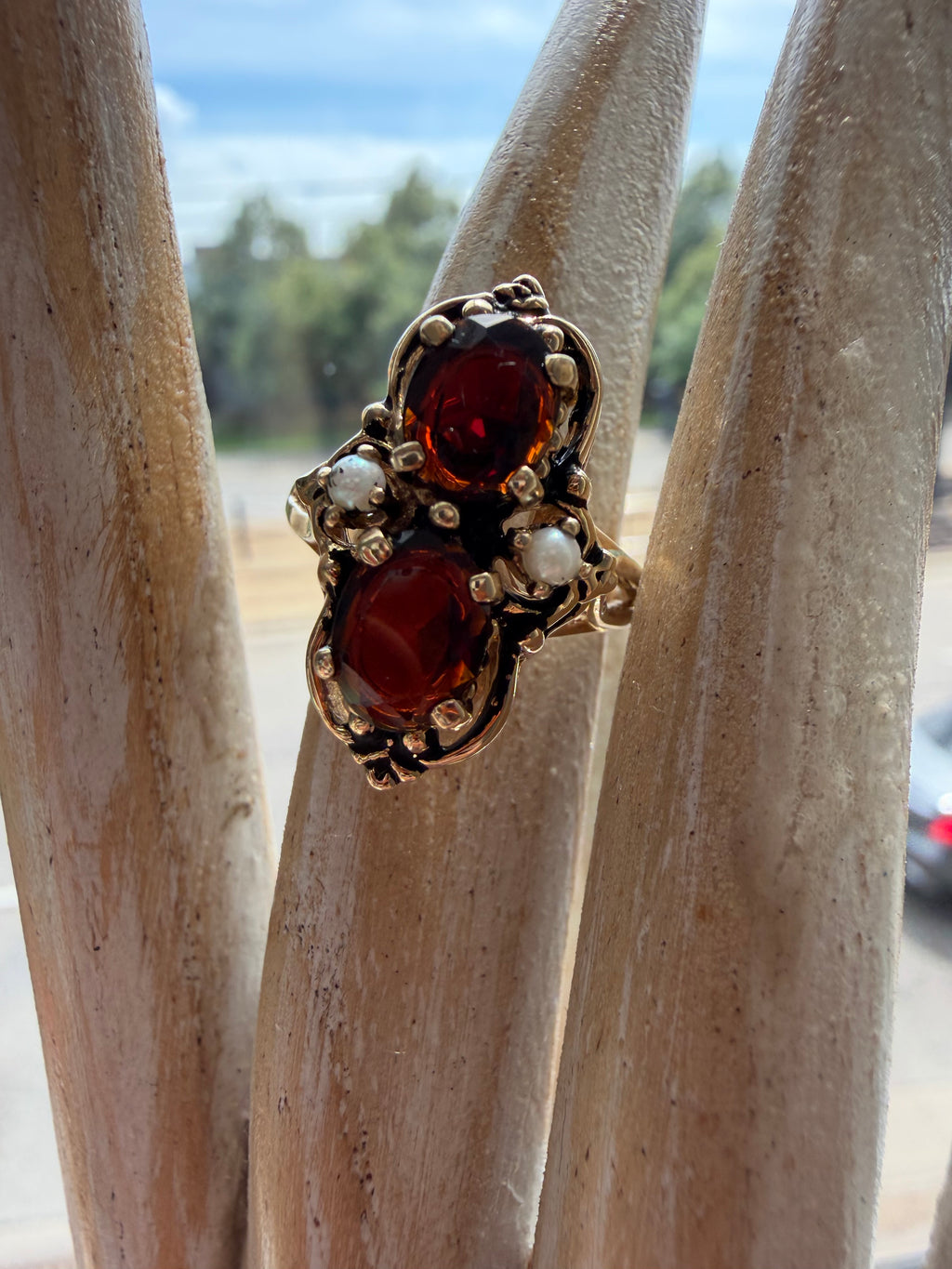 vintage garnet and seed pearl navette ring