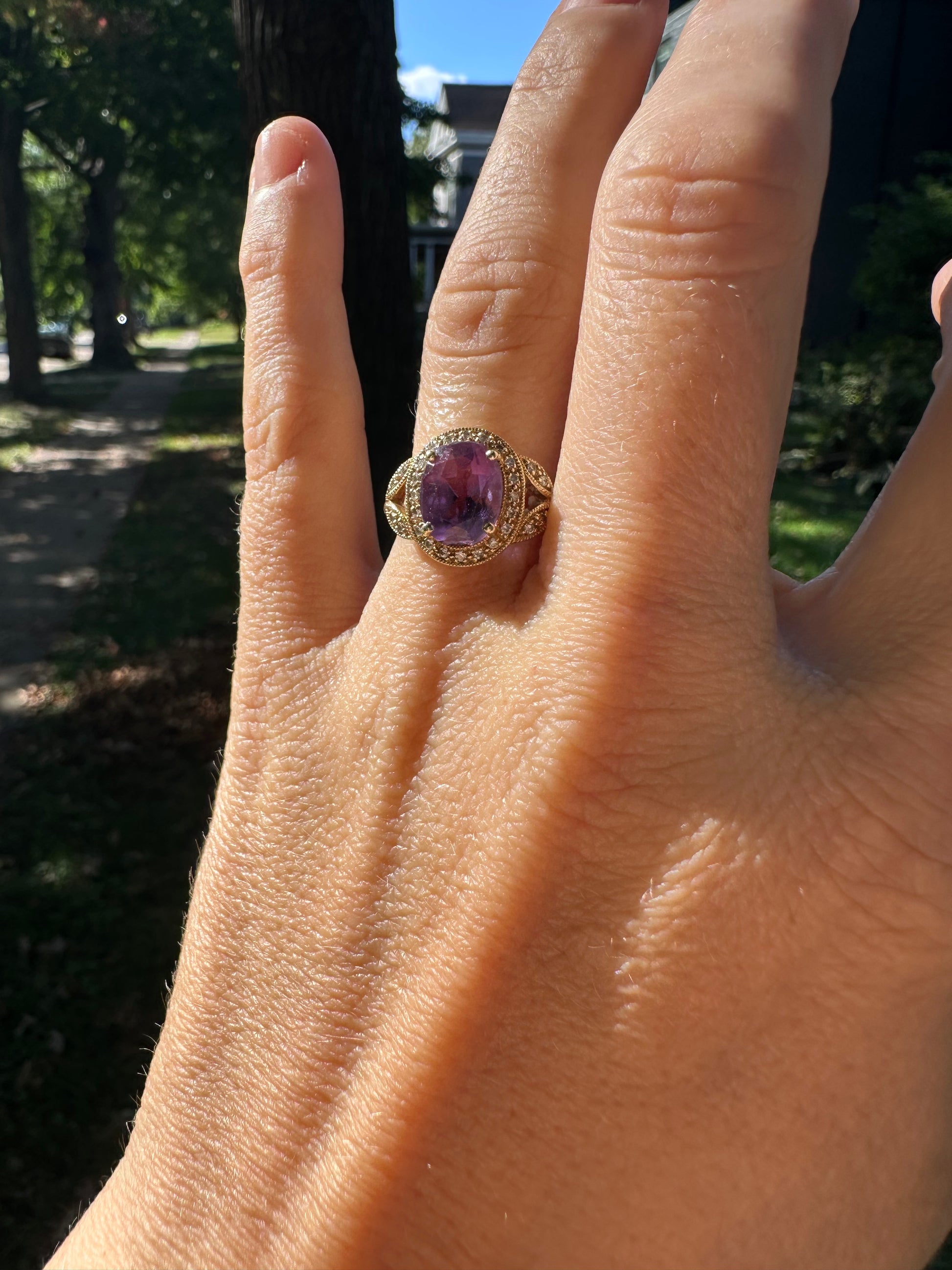 amethyst and diamond halo ring