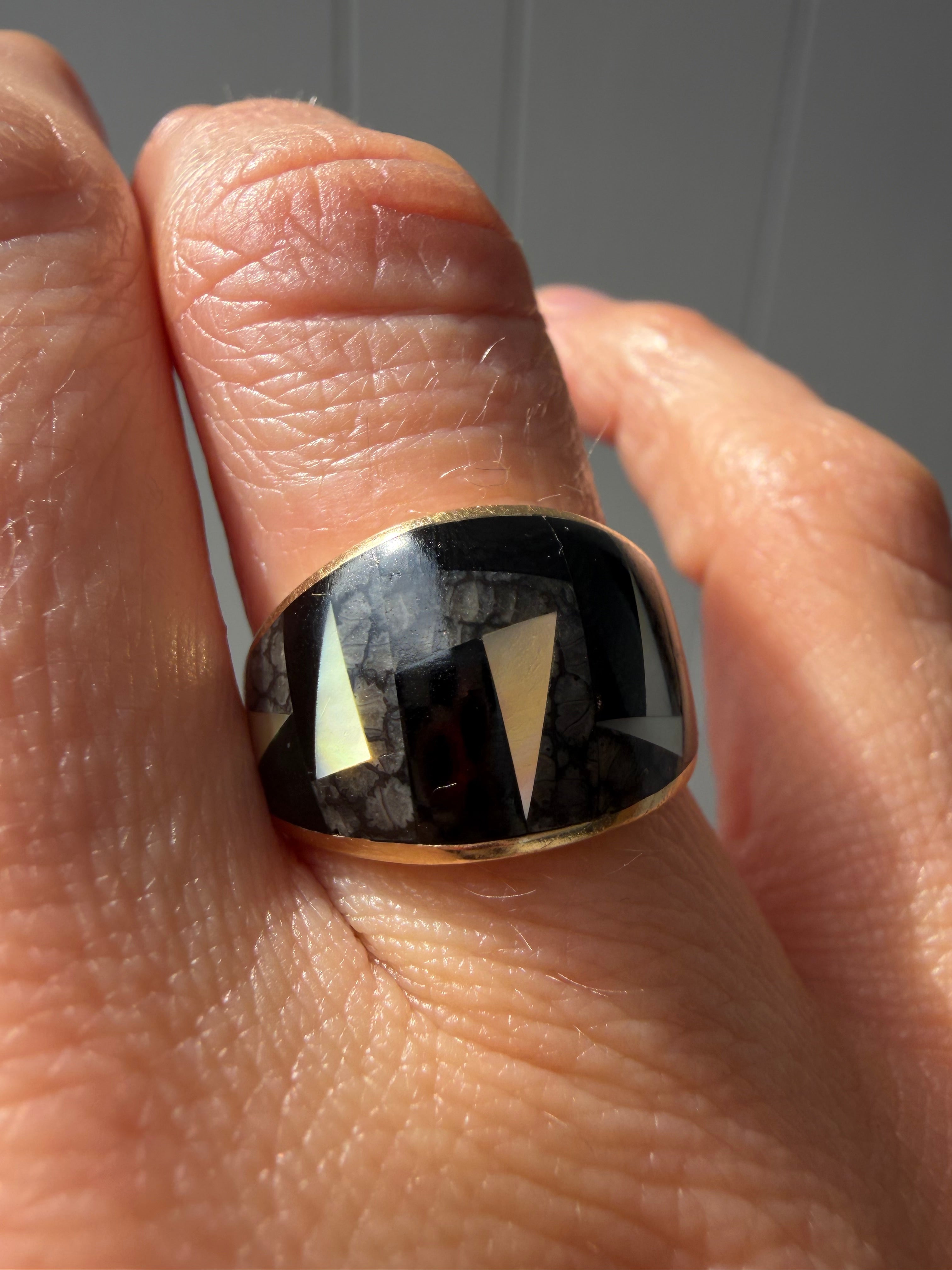 onyx, mother of pearl and snowflake obsidian inlay ring
