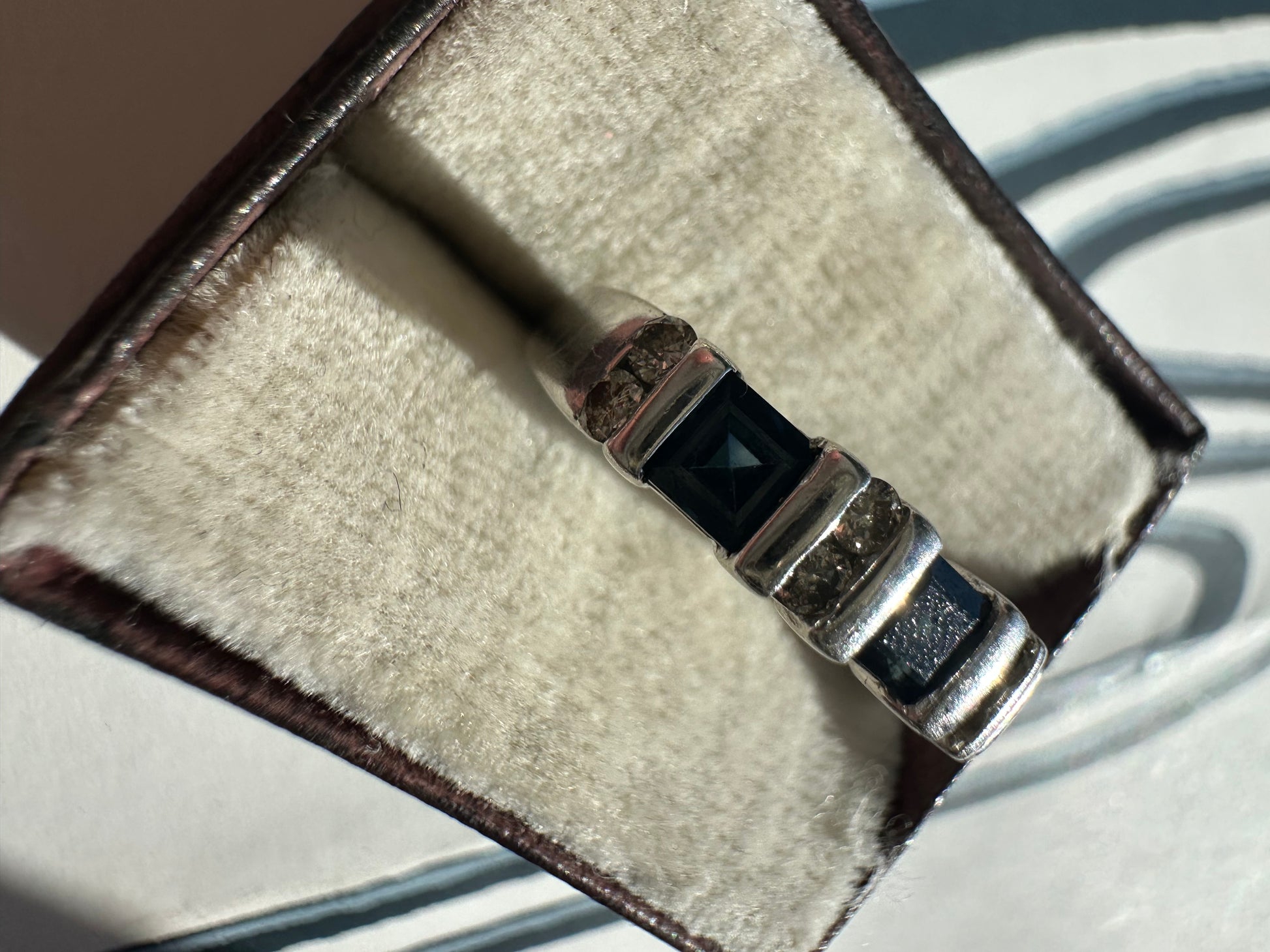 white gold diamond and sapphire ring