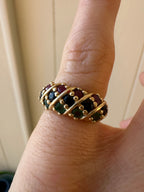 emerald, sapphire + ruby ring