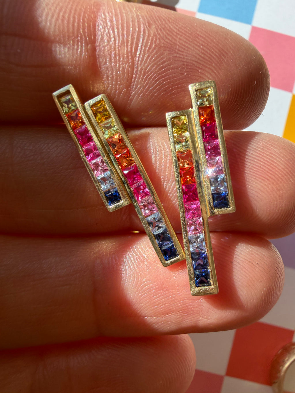 rainbow sapphire rectangle post earrings