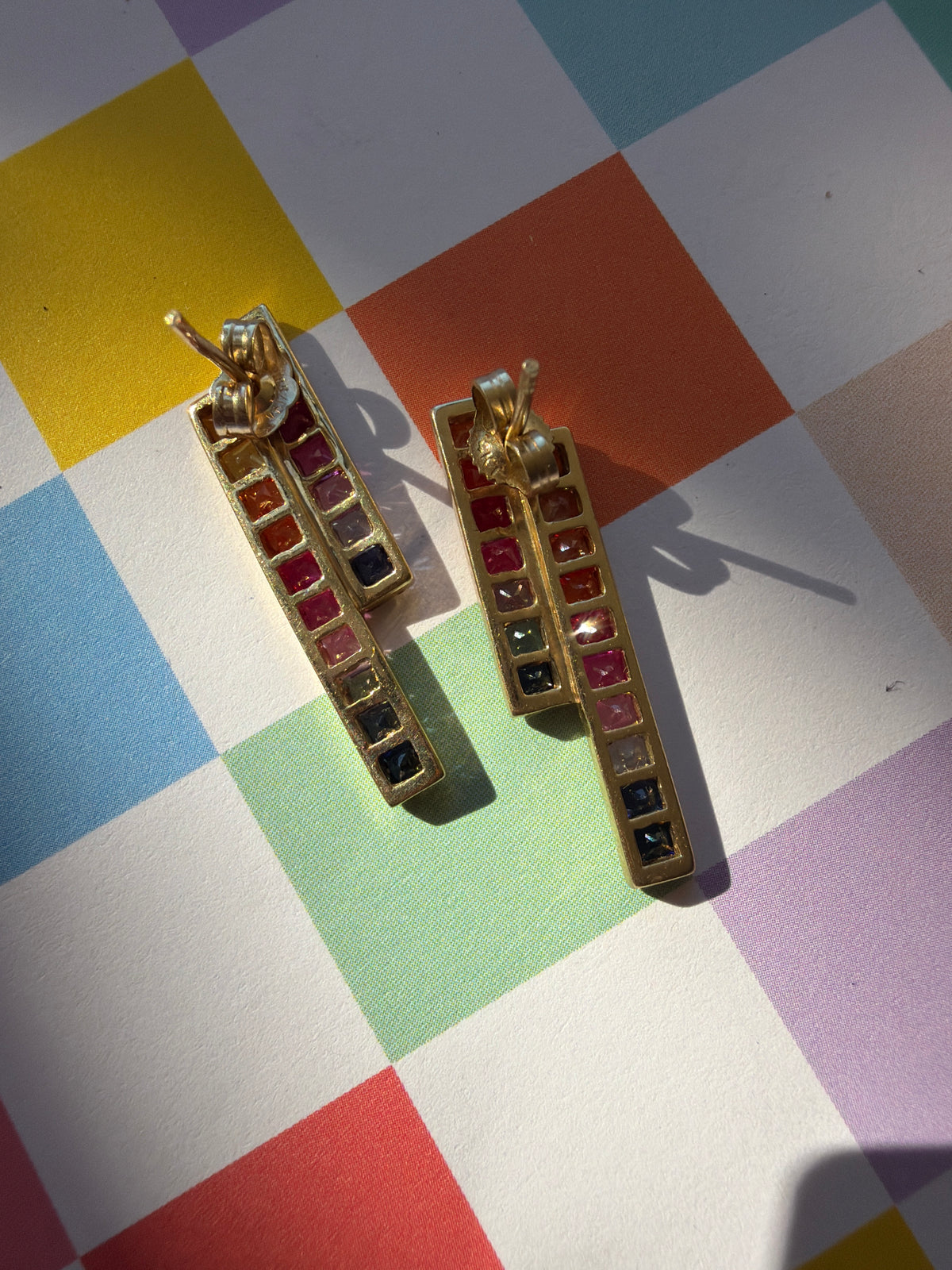 rainbow sapphire rectangle post earrings