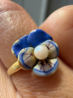 blue enamel pansy and pearl ring