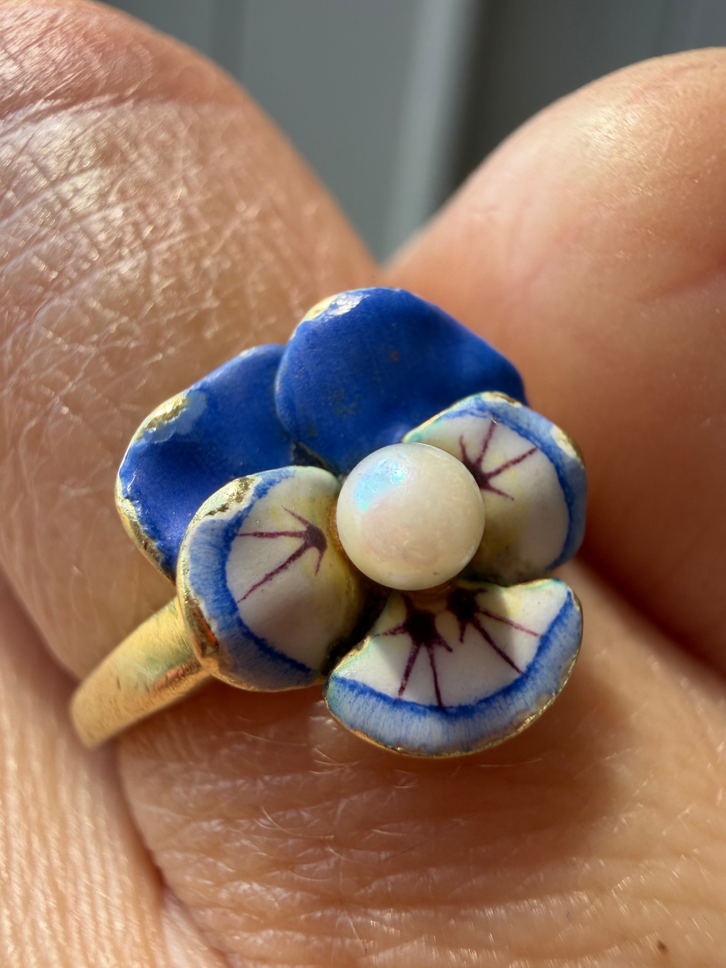 blue enamel pansy and pearl ring