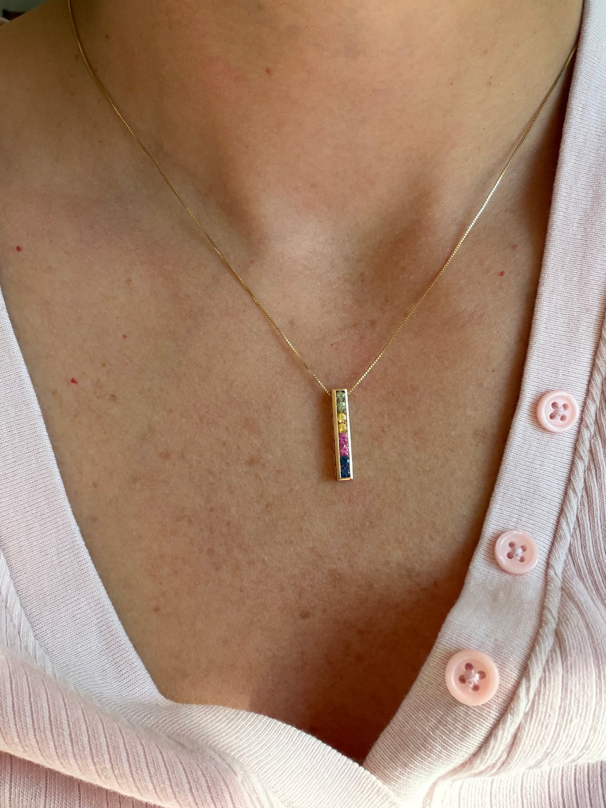 rainbow sapphire pendant on 18” box chain