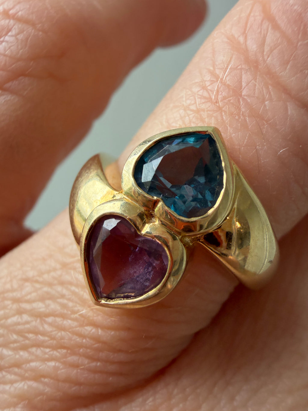 London blue topaz and amethyst double heart ring