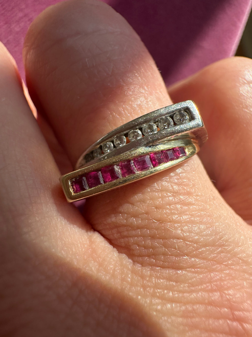 ruby and diamond squared edge ring