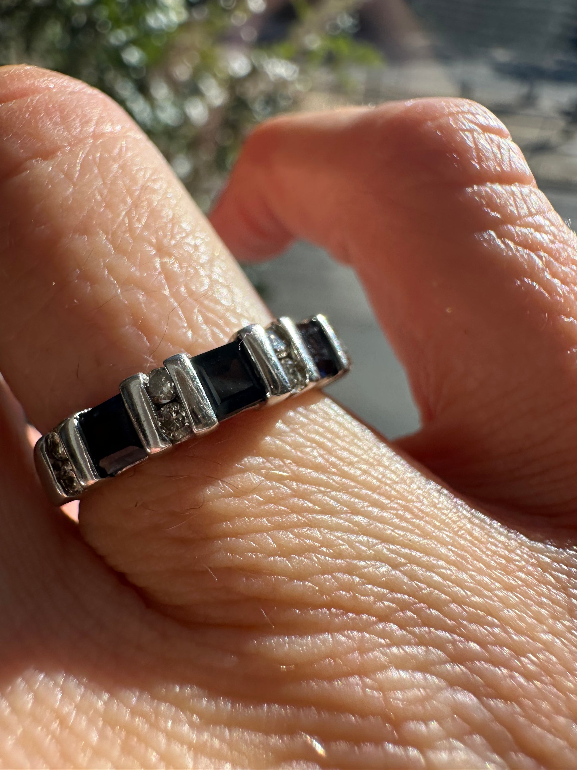 white gold diamond and sapphire ring
