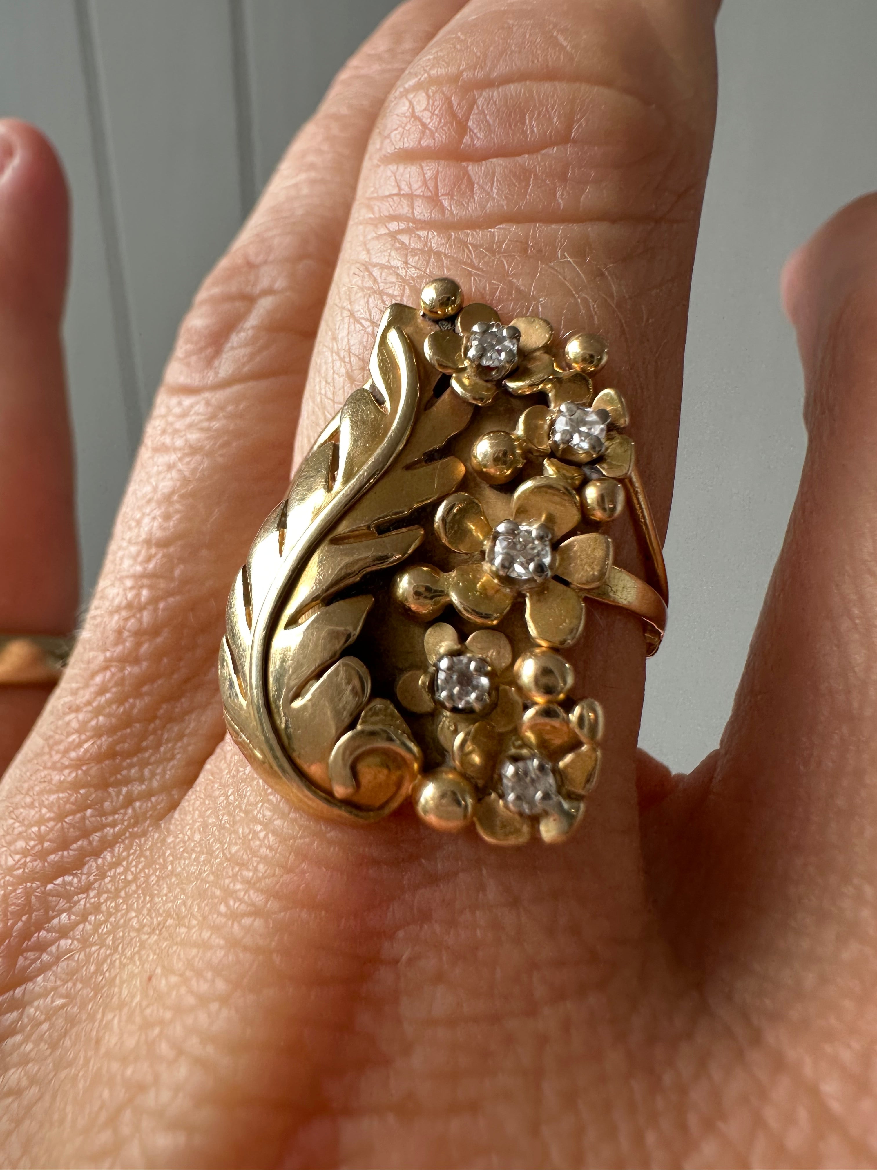 floral leaf diamond ring