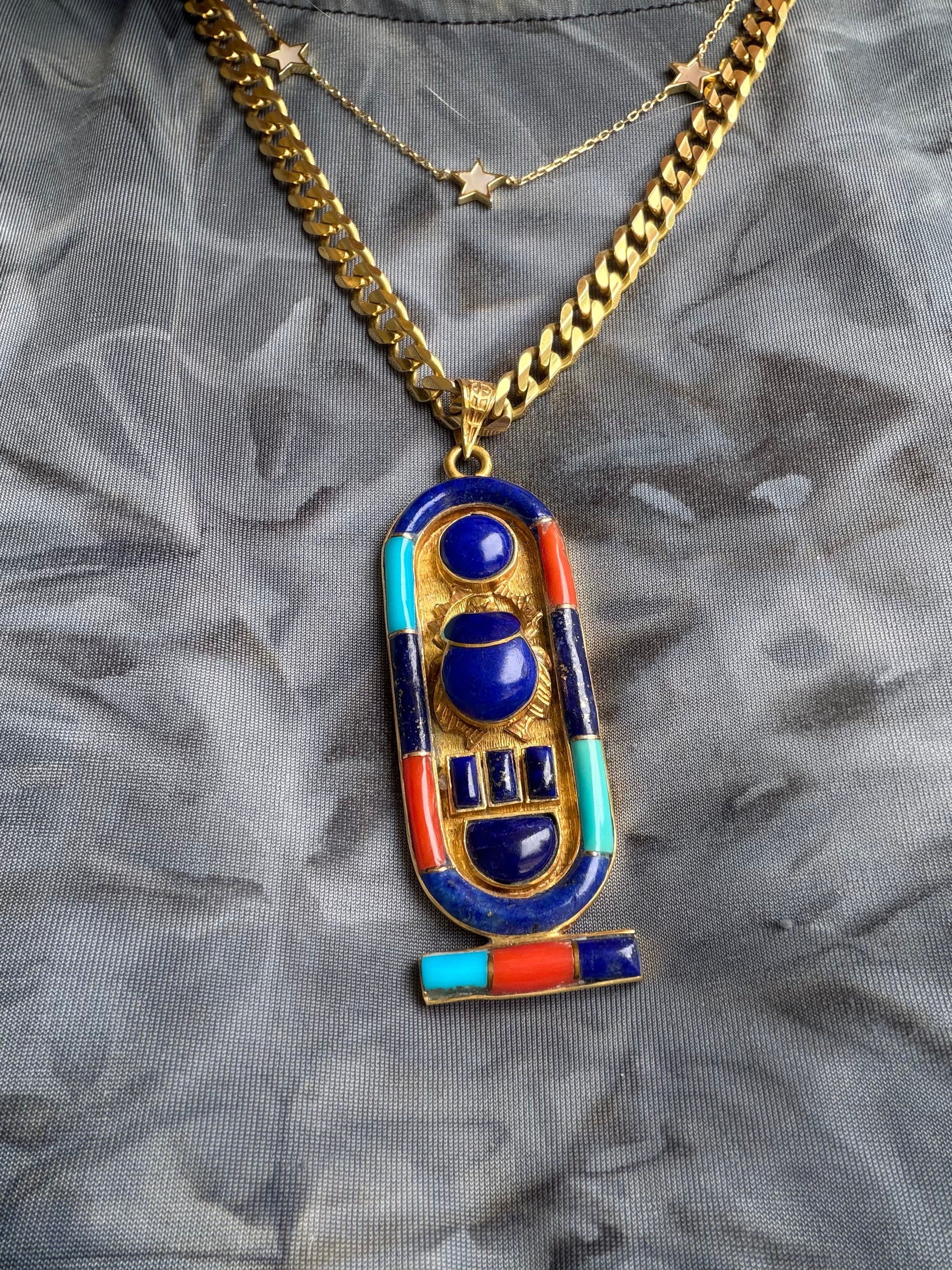 vintage Egyptian cartouche with turqouise, coral and lapis