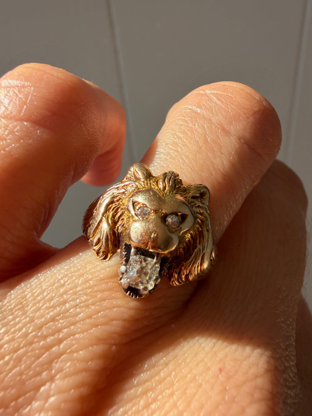 lion ring with cushion cut Old Mine Cut diamond