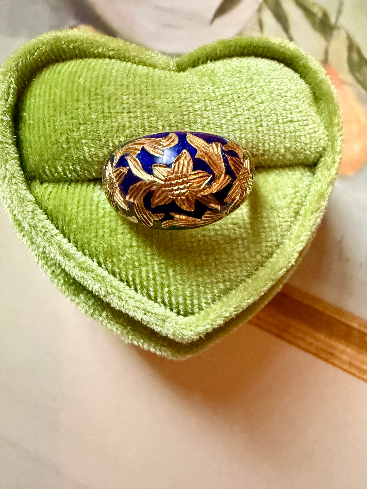 incredible blue enamel and 18k flower dome ring