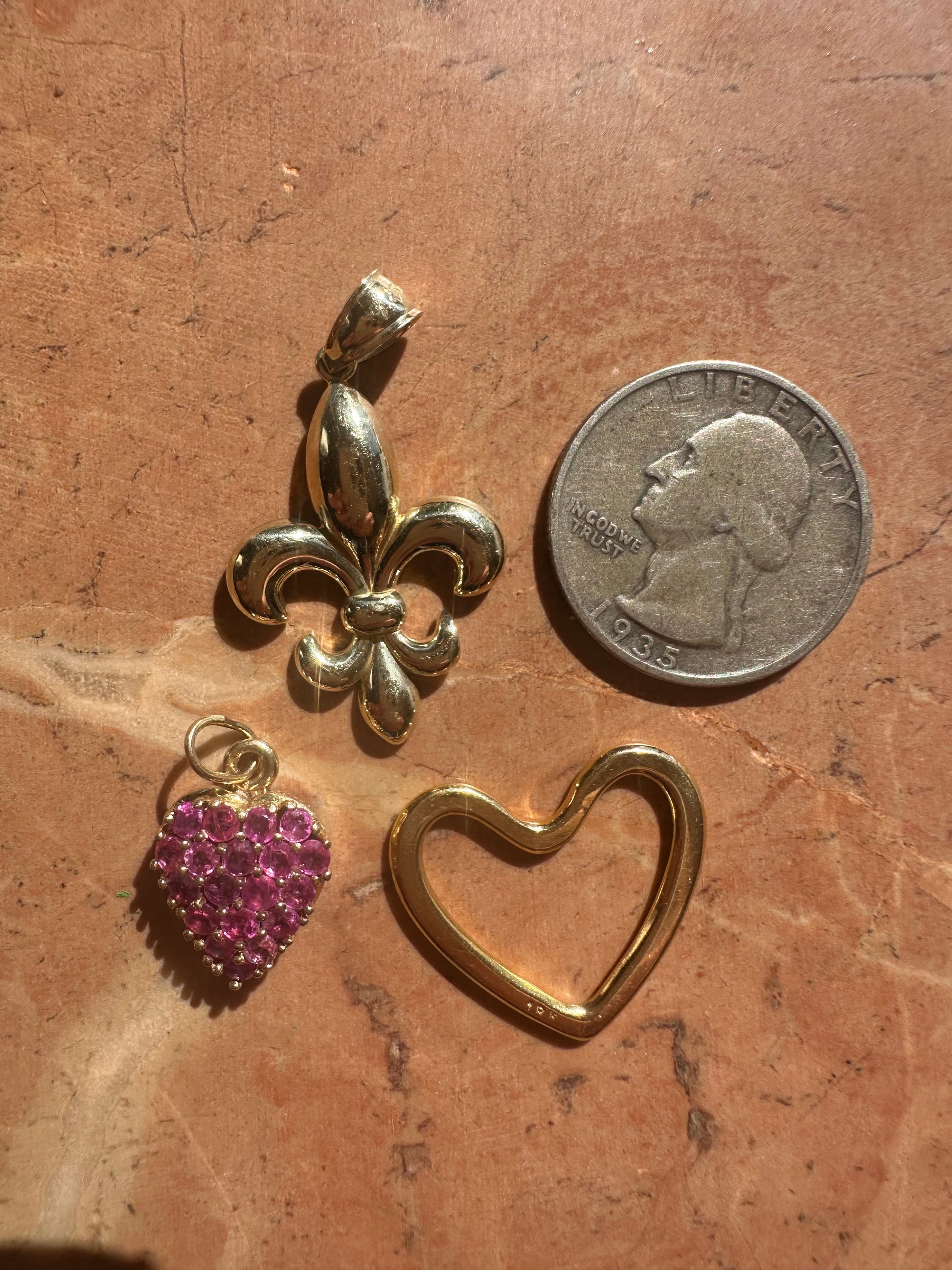 ruby heart, 18k gold open heart and fleur de lis charms