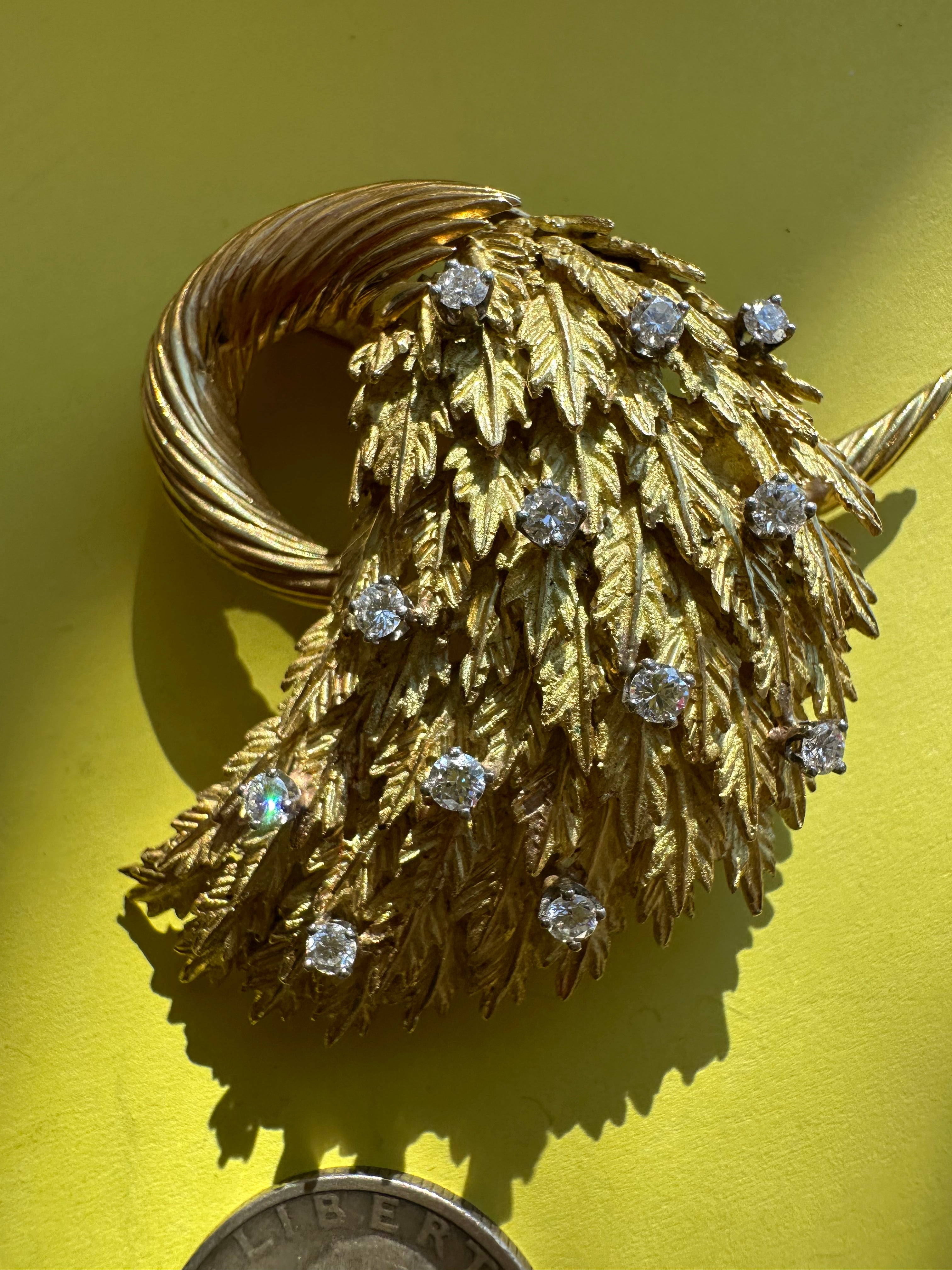vintage cornucopia feather leaf and diamond brooch