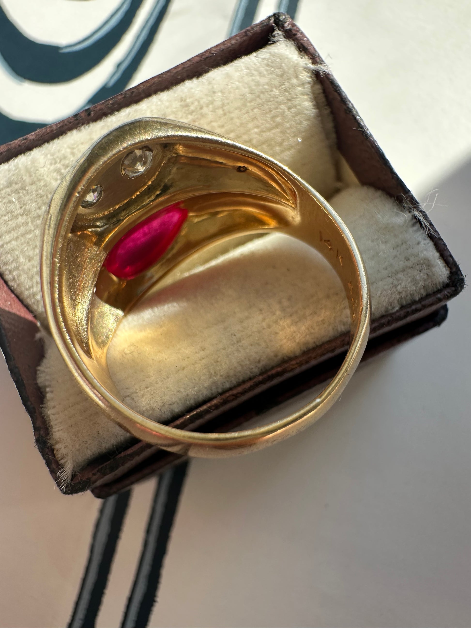 ruby cabochon and diamond side by side ring