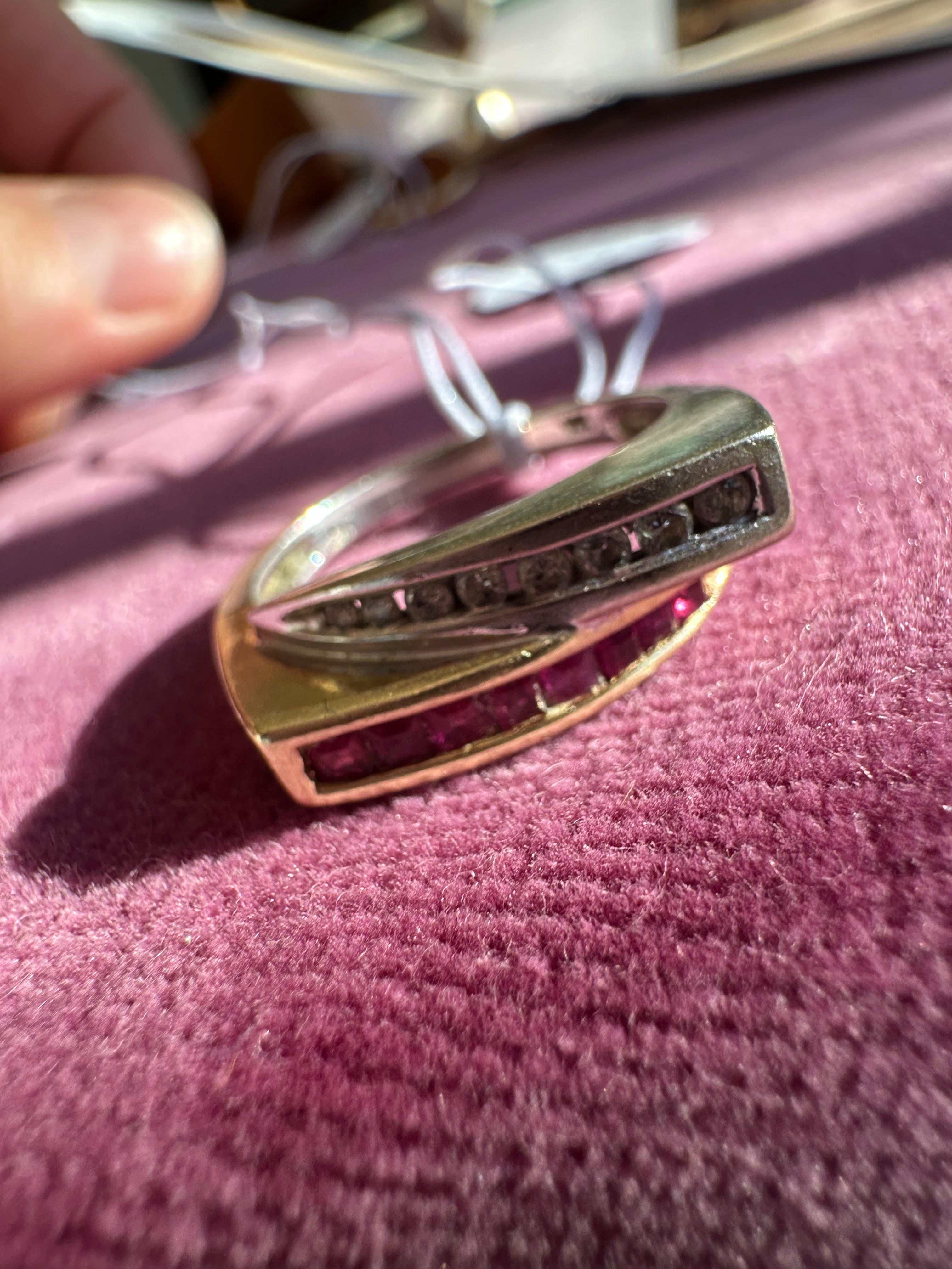 ruby and diamond squared edge ring