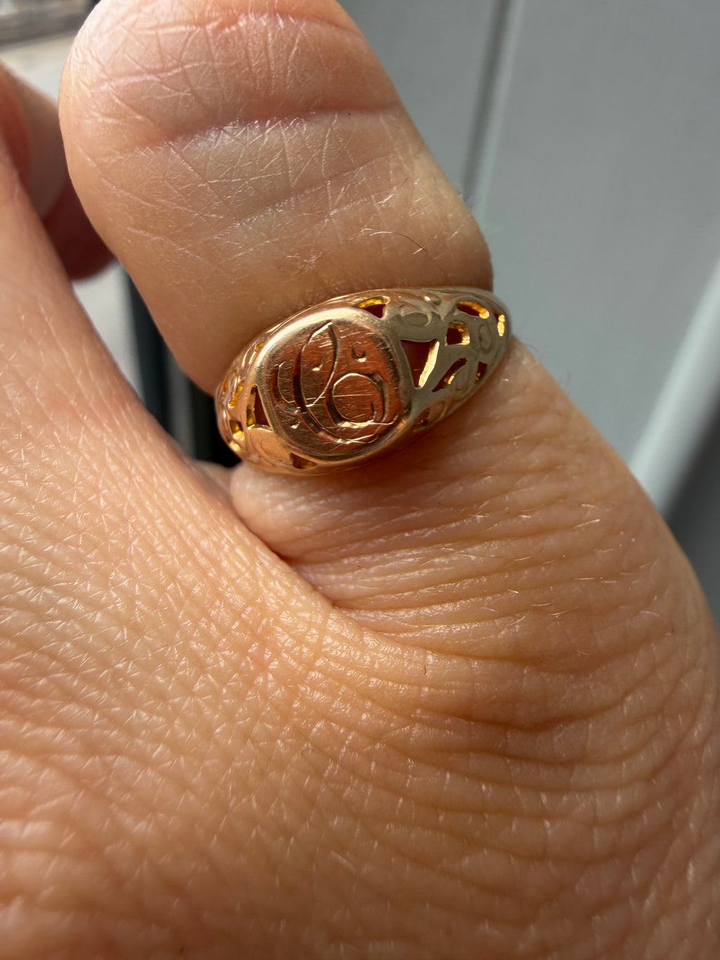 pinky signet with open work and letter C