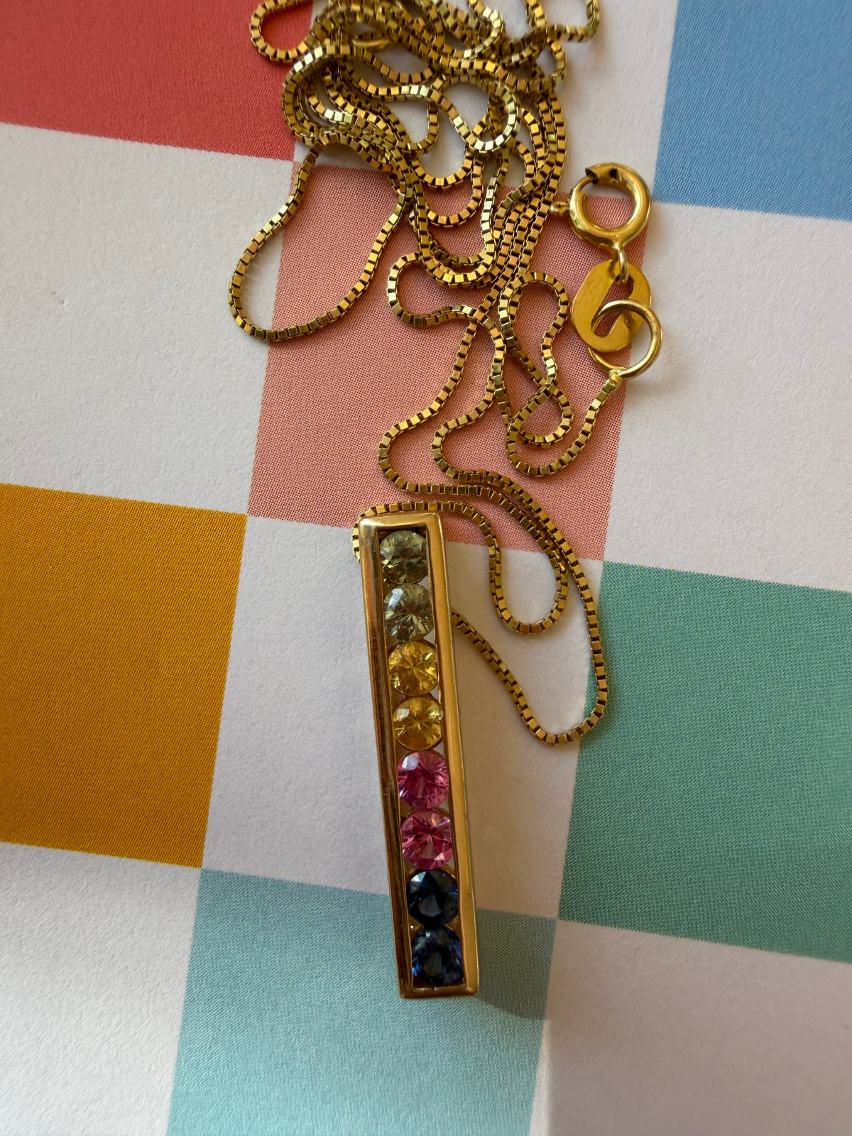 rainbow sapphire pendant on 18” box chain