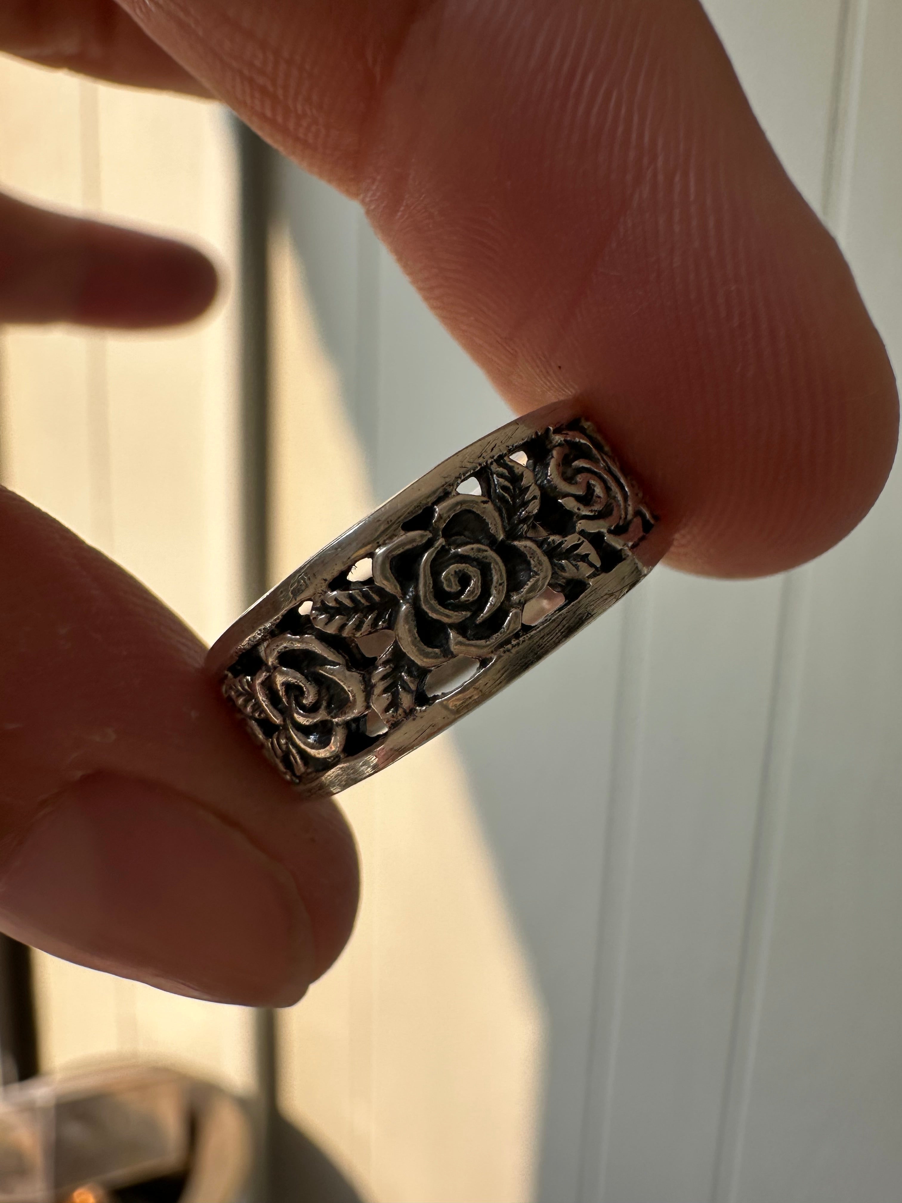 Rose Floral Sterling Silver Band