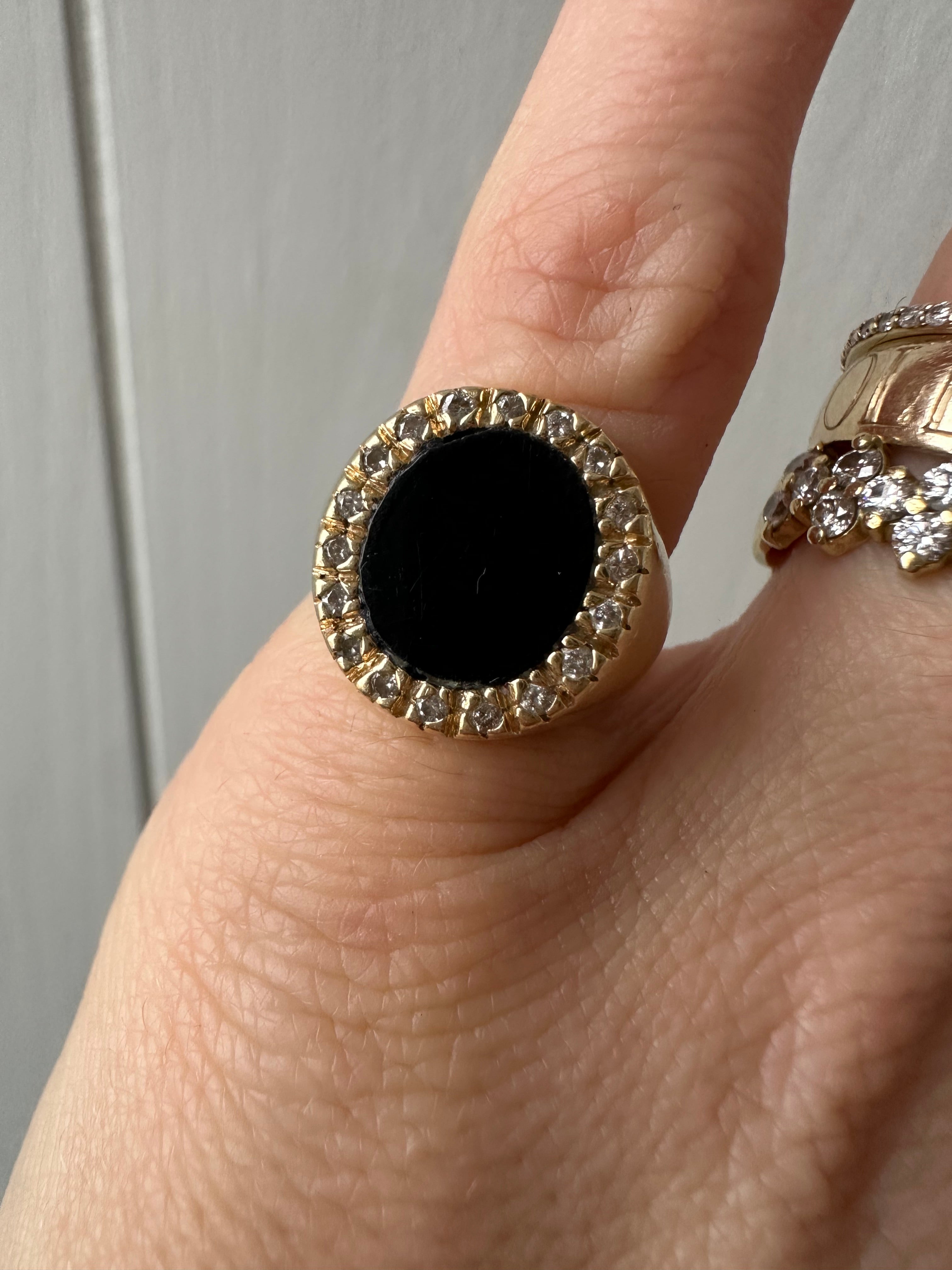 onyx and diamond oval signet style ring