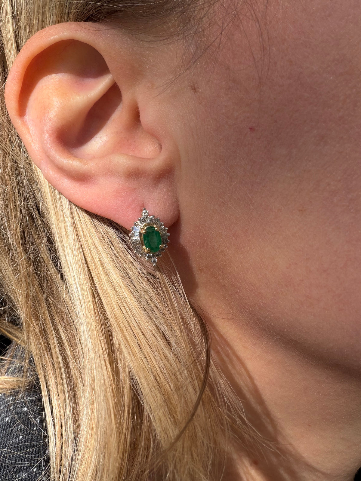 natural emerald and diamond omega back earring