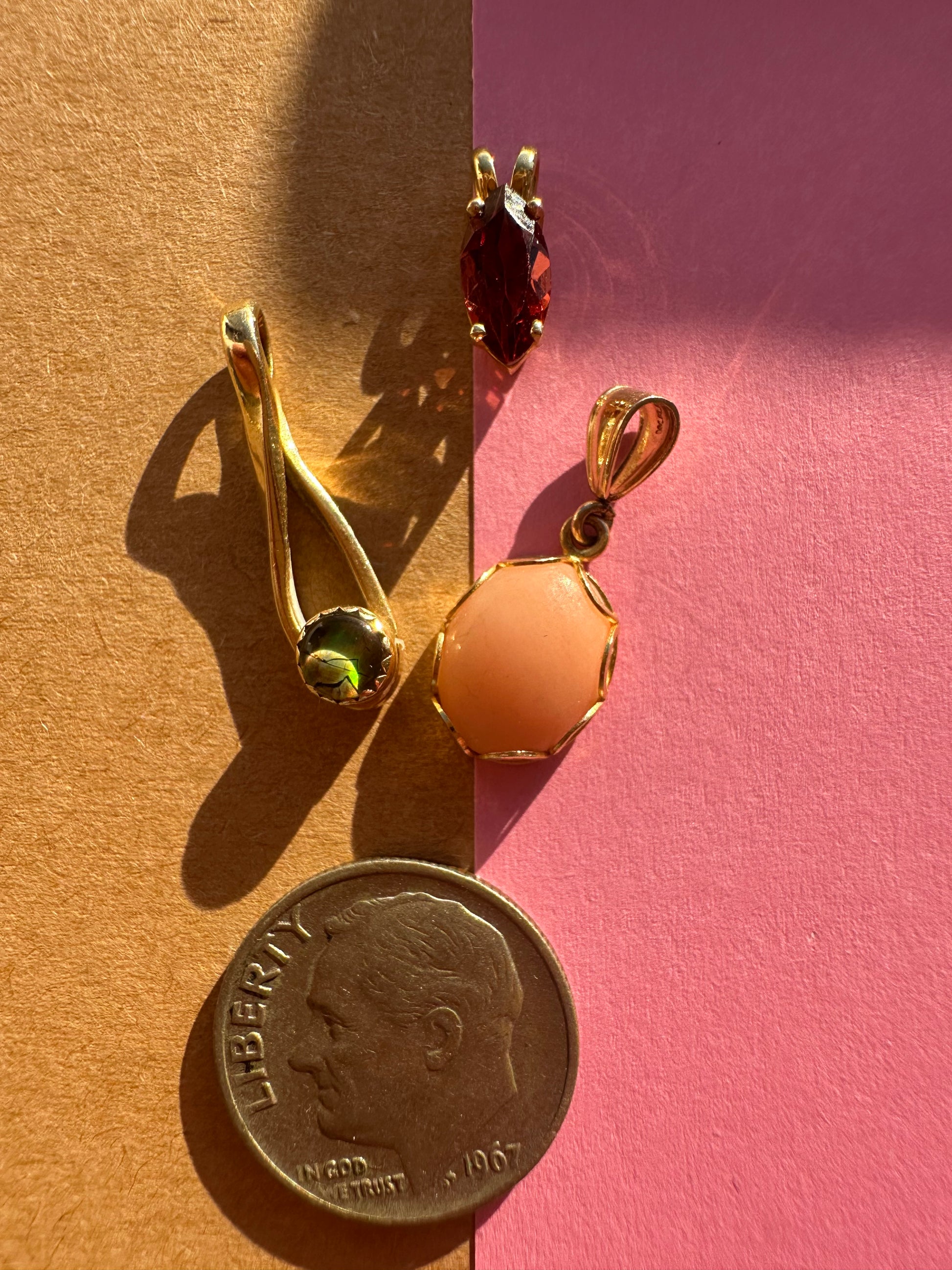 garnet // angel skin coral // opal pendants