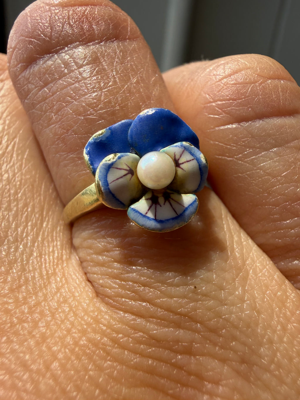 blue enamel pansy and pearl ring