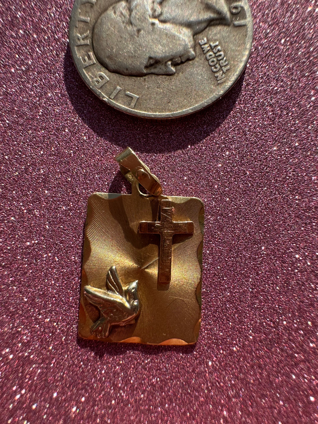 engine turned peace dove + cross charm