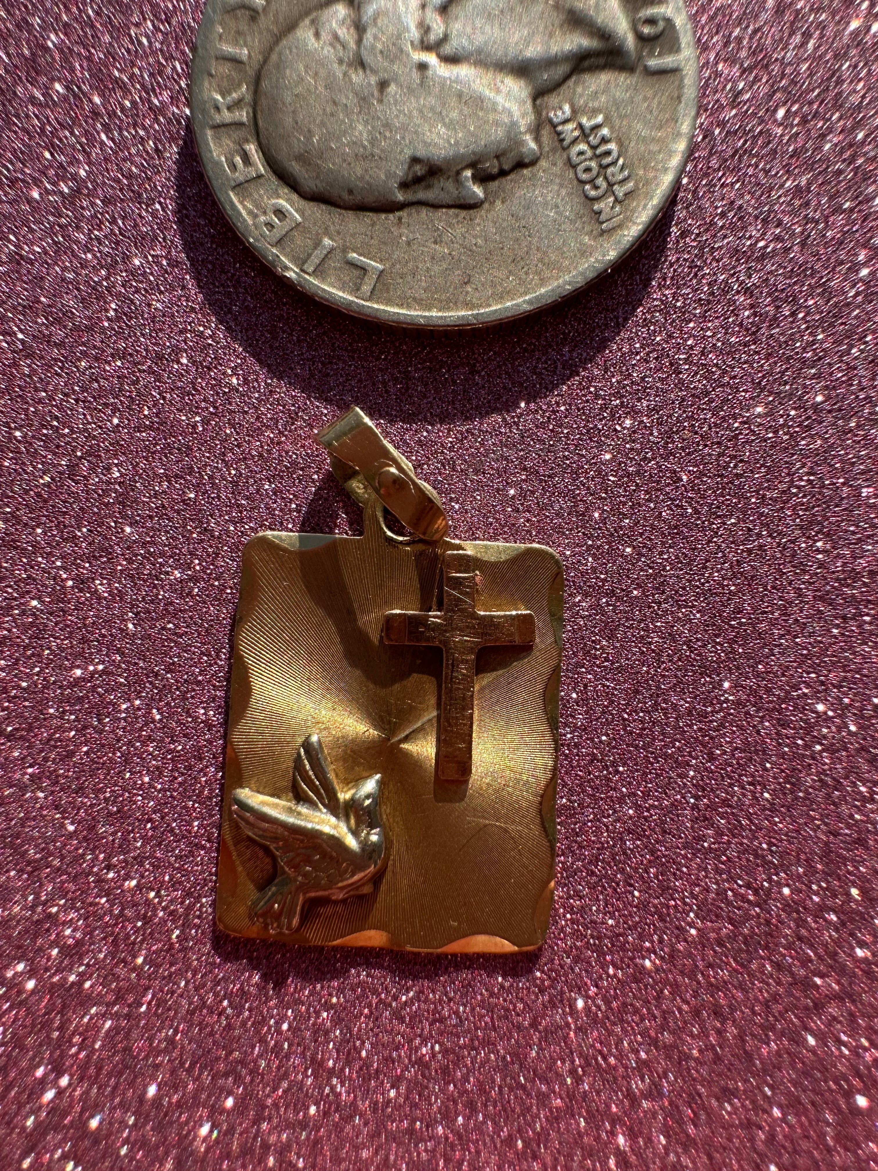 engine turned peace dove + cross charm