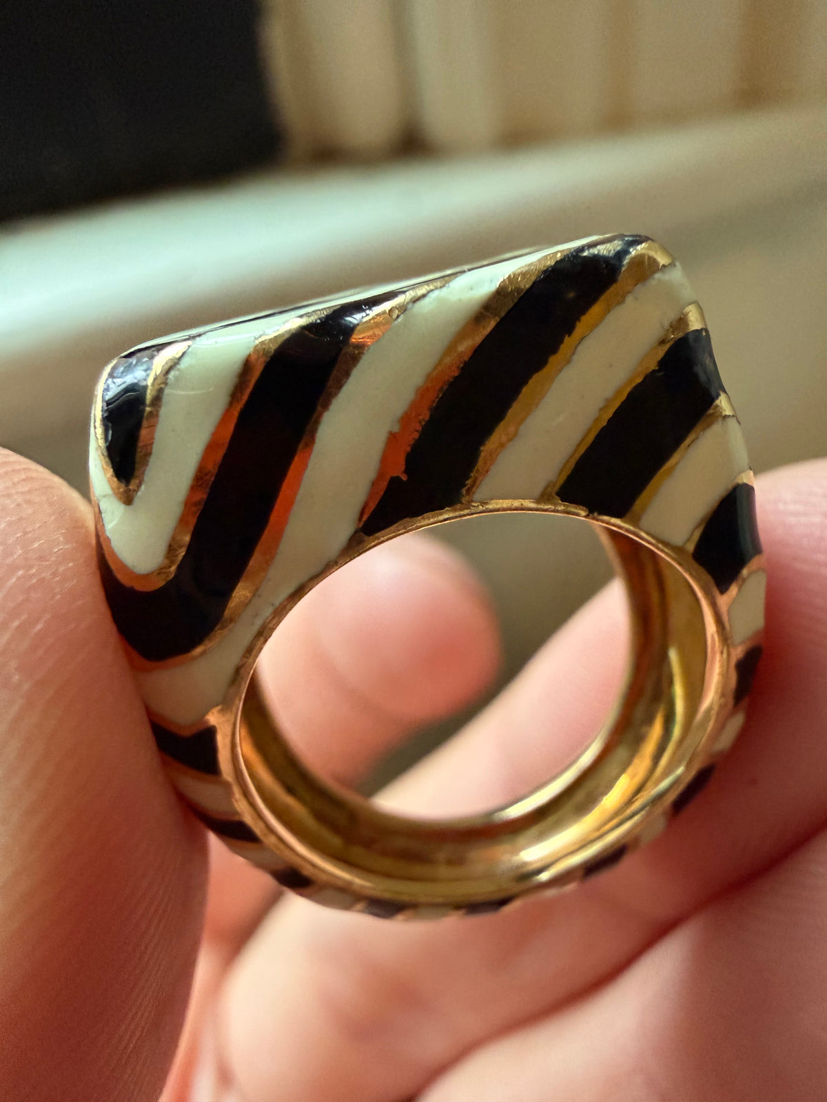 zebra striped enamel and 18k gold signet ring