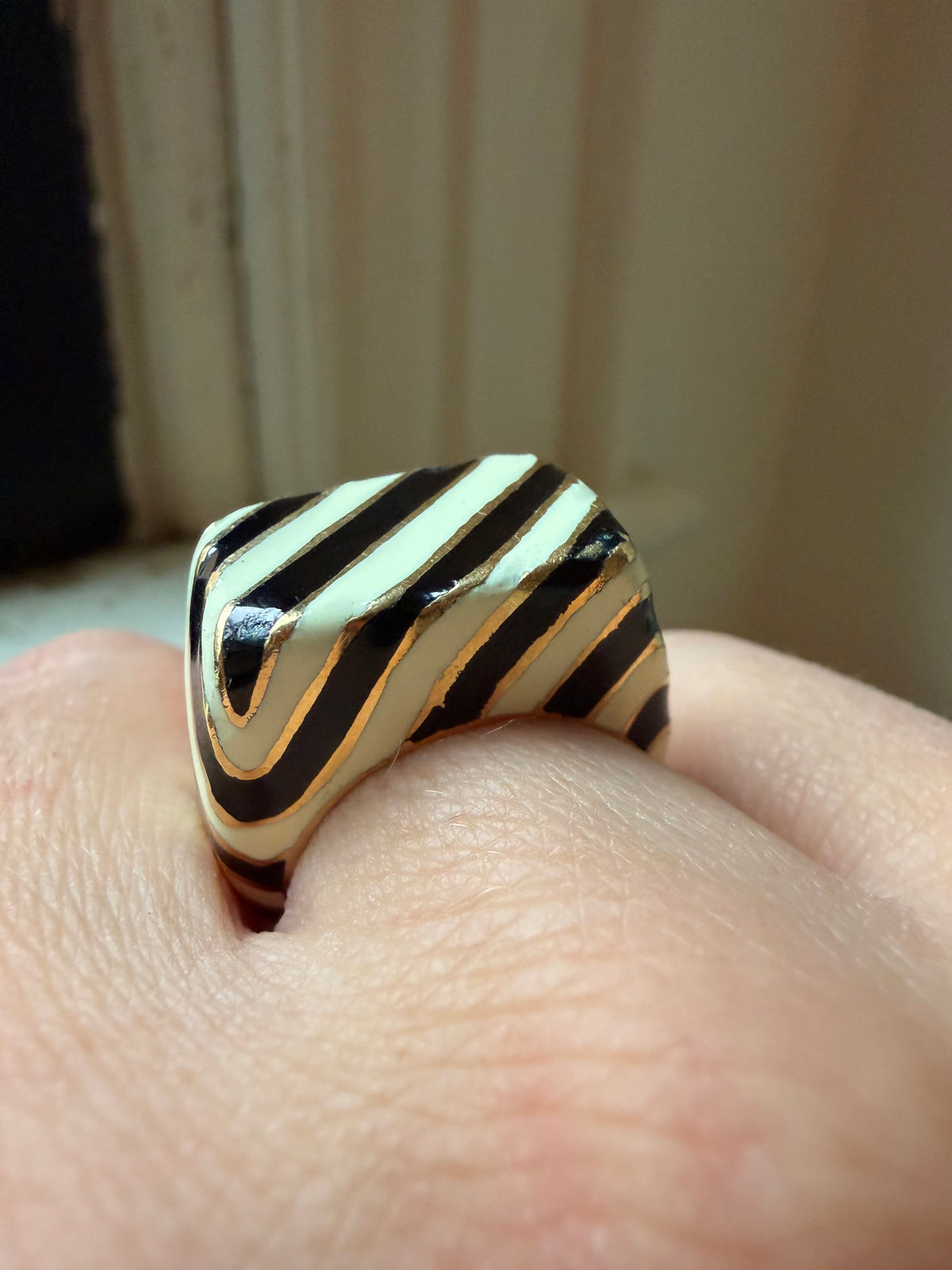 zebra striped enamel and 18k gold signet ring