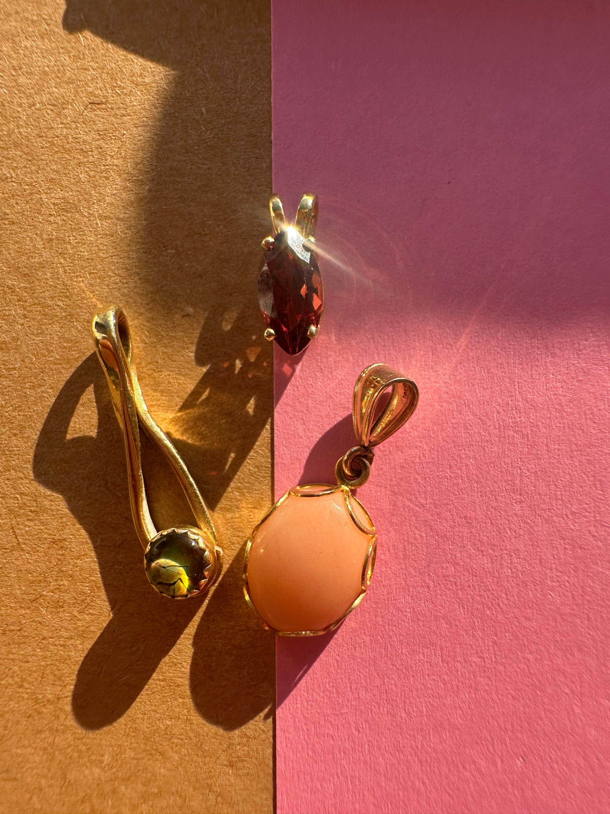 garnet // angel skin coral // opal pendants