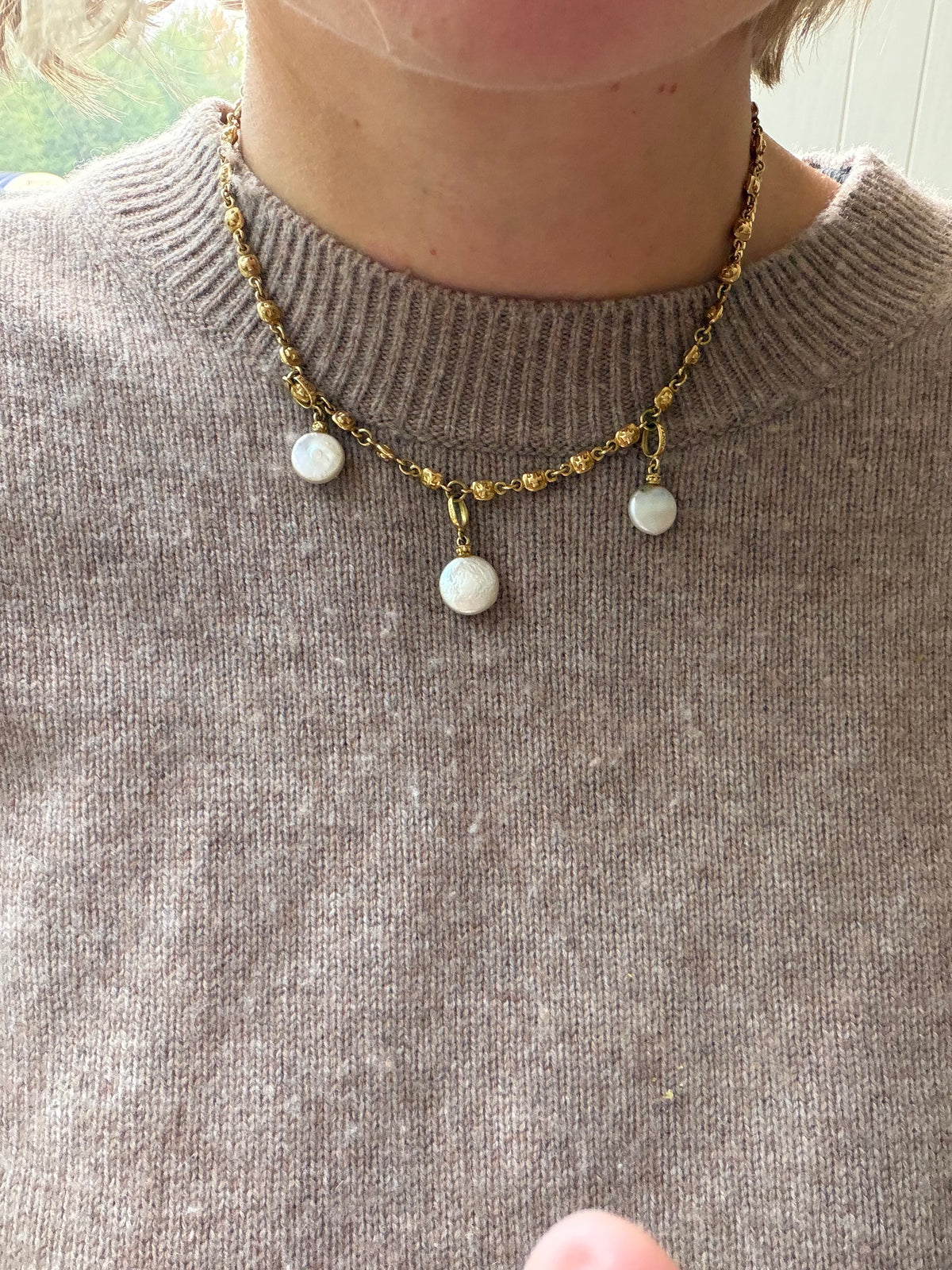 16.75" cross link 18k with ruby and pearl pendants