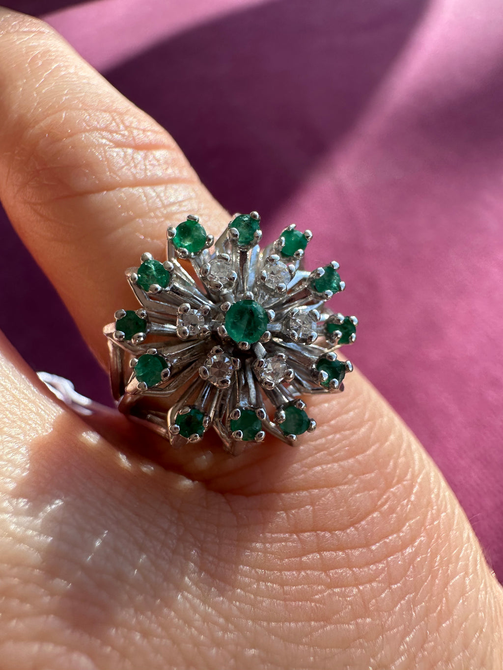 emerald and diamond burst ring