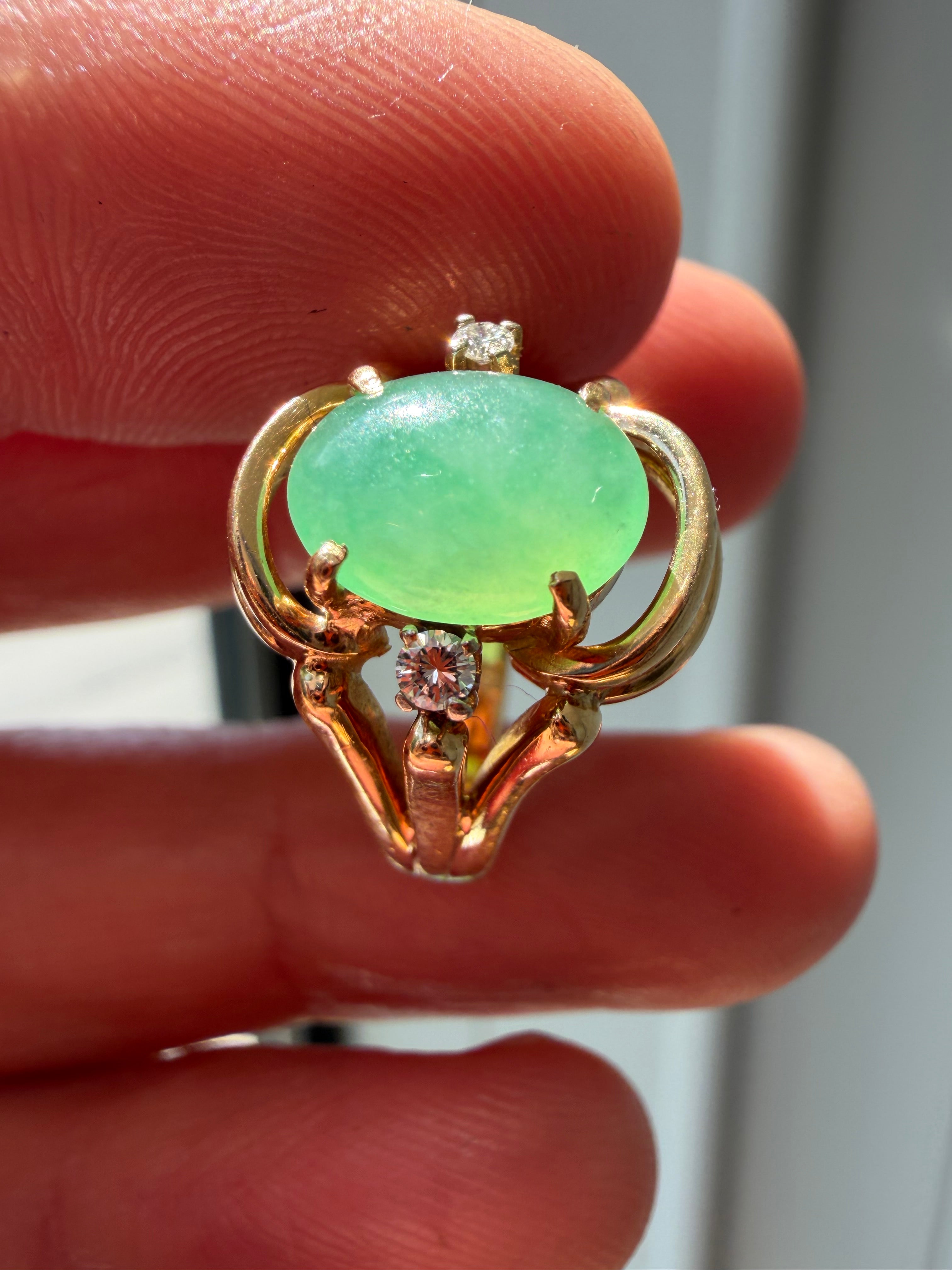 glowy chrysoprase and diamond ring