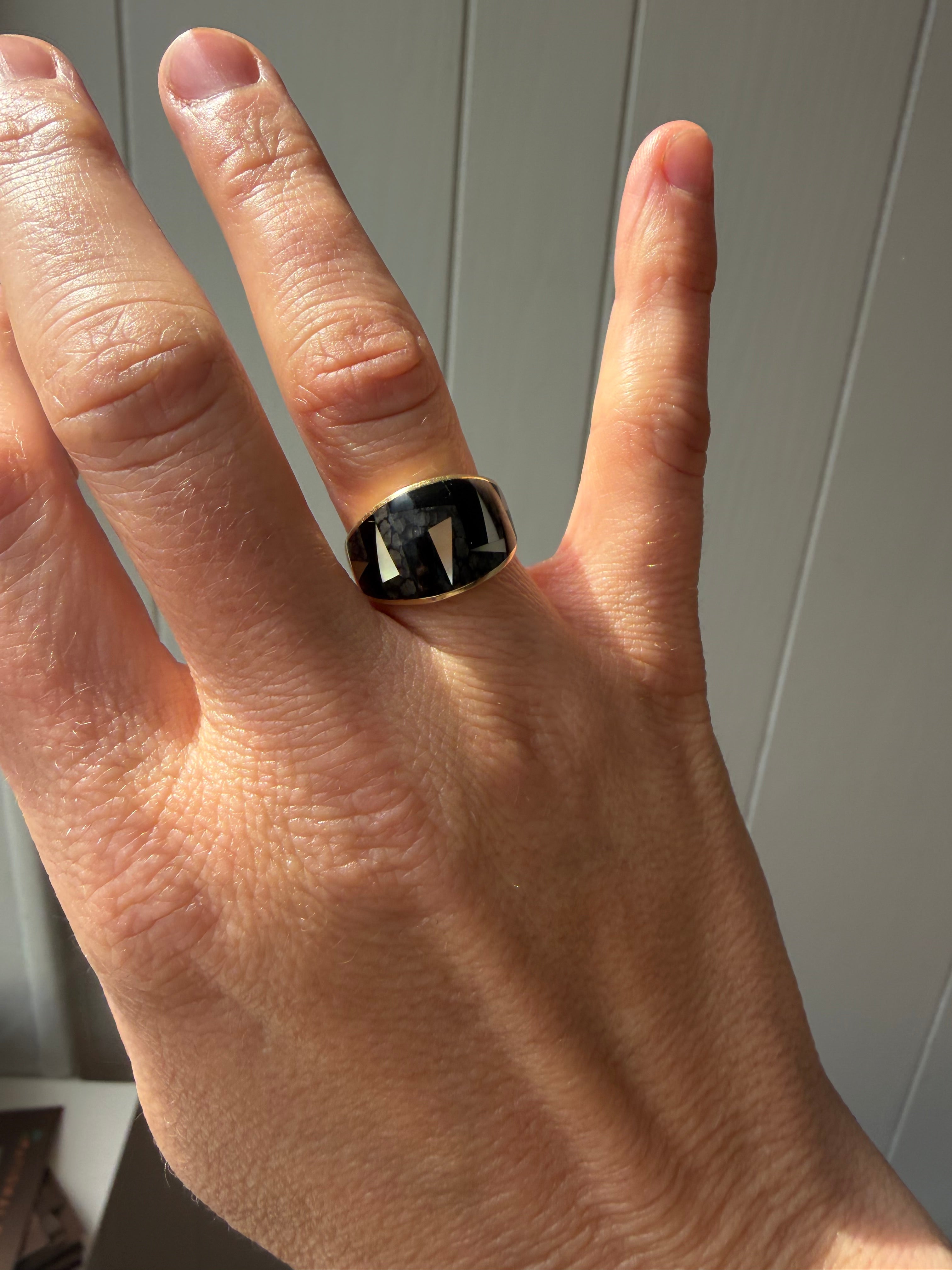onyx, mother of pearl and snowflake obsidian inlay ring