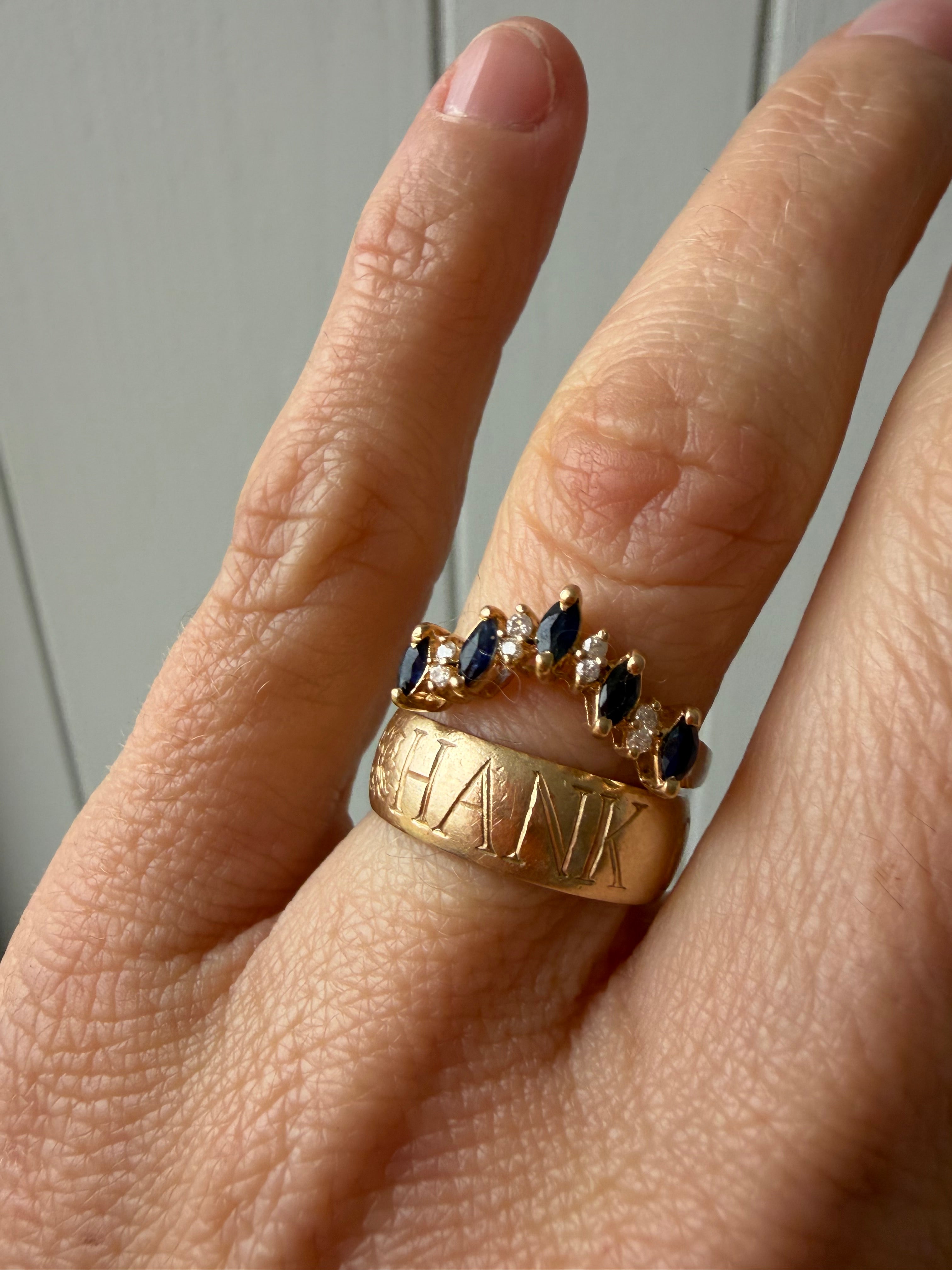 V shaped diamond and sapphire ring