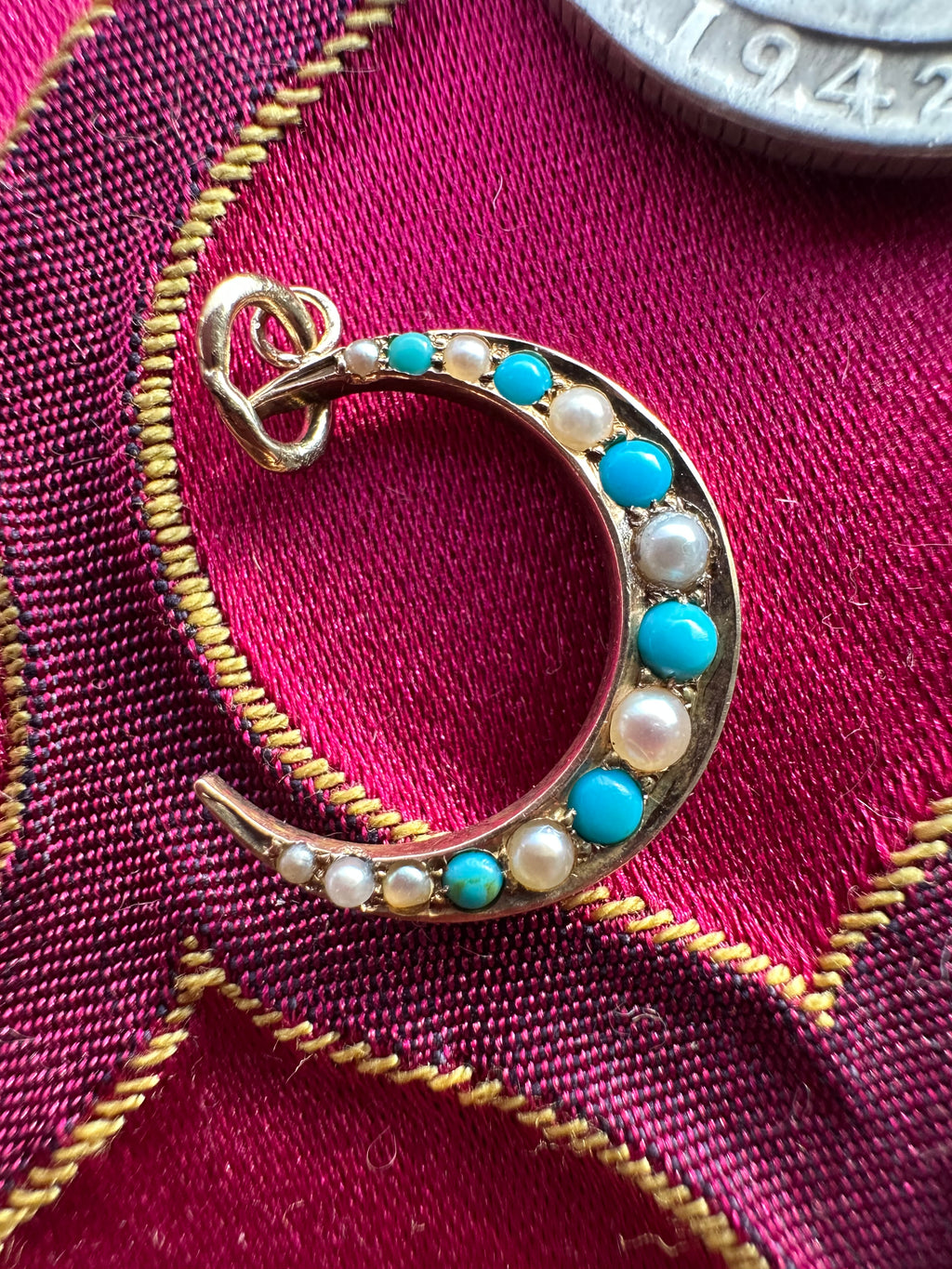 antique seed pearl and turquoise crescent moon // pin conversion