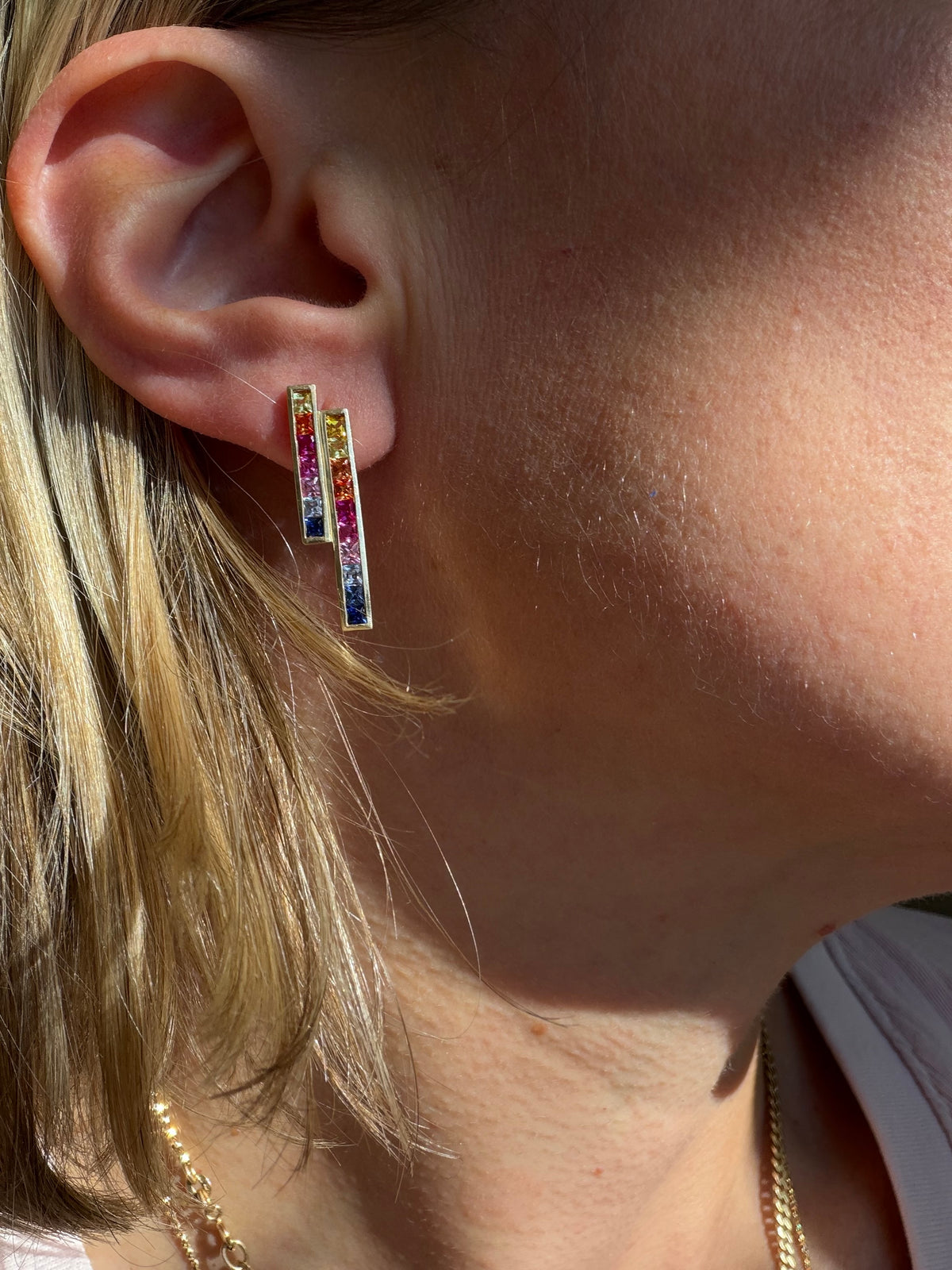 rainbow sapphire rectangle post earrings