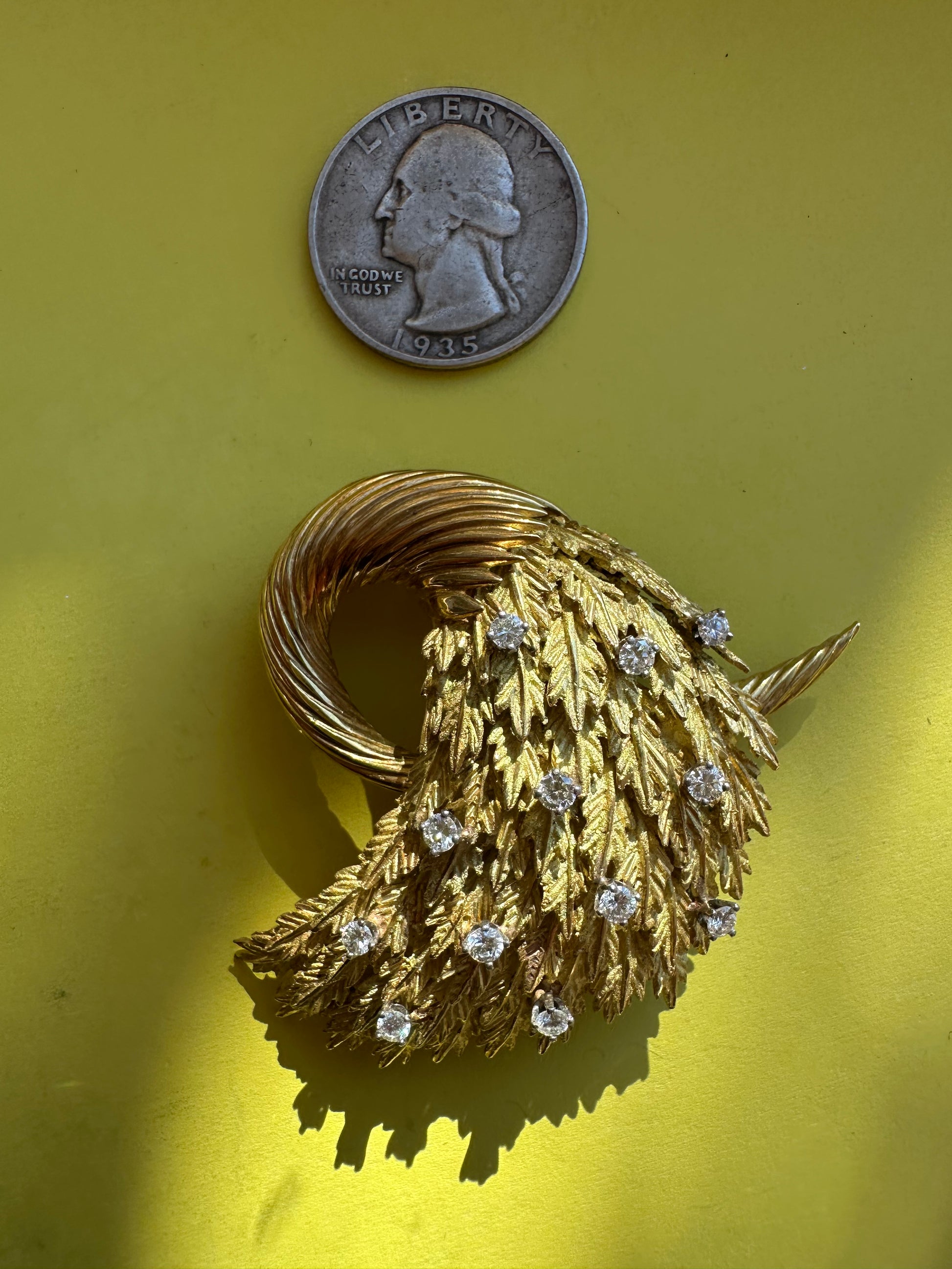 vintage cornucopia feather leaf and diamond brooch