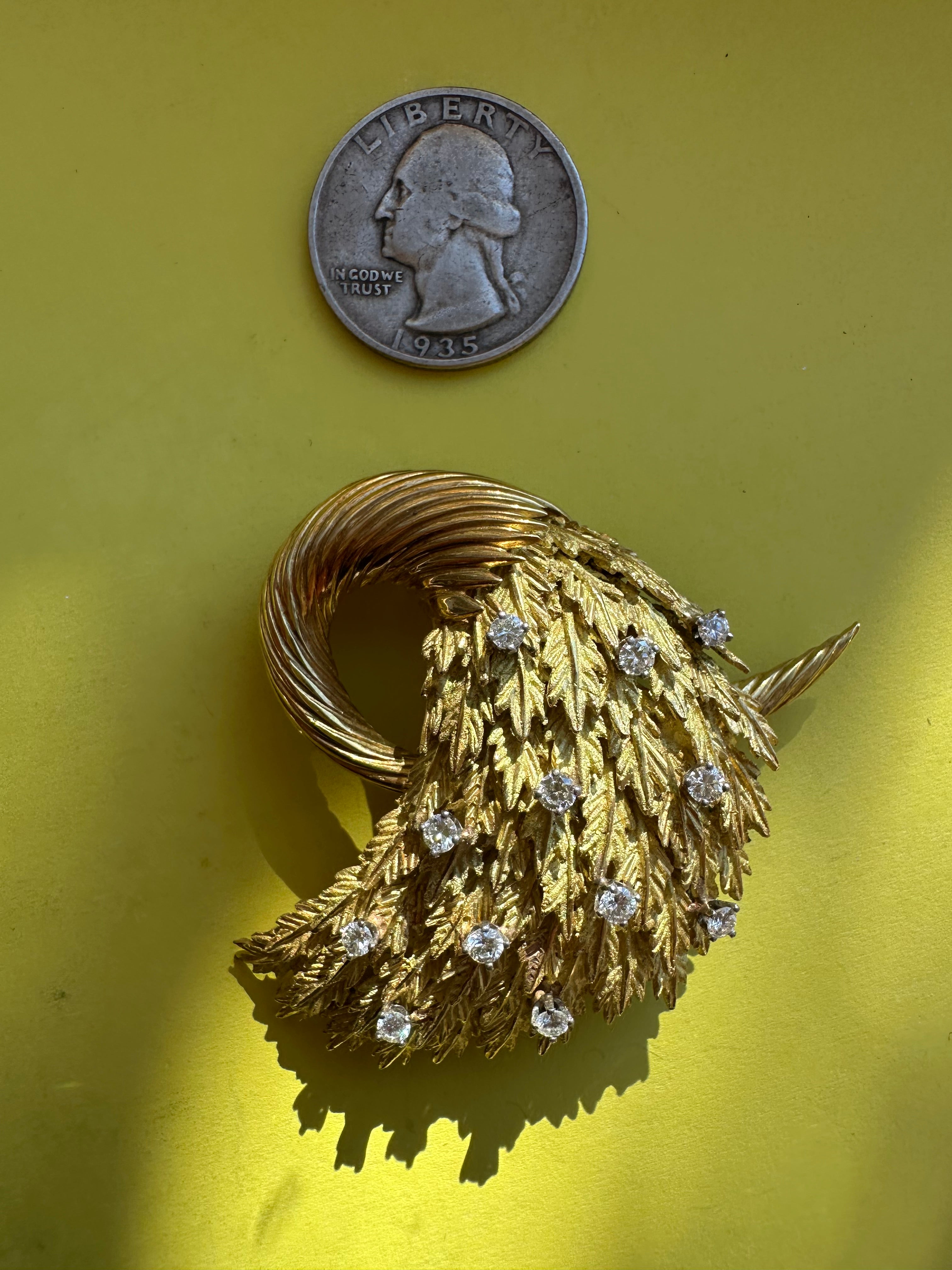 vintage cornucopia feather leaf and diamond brooch