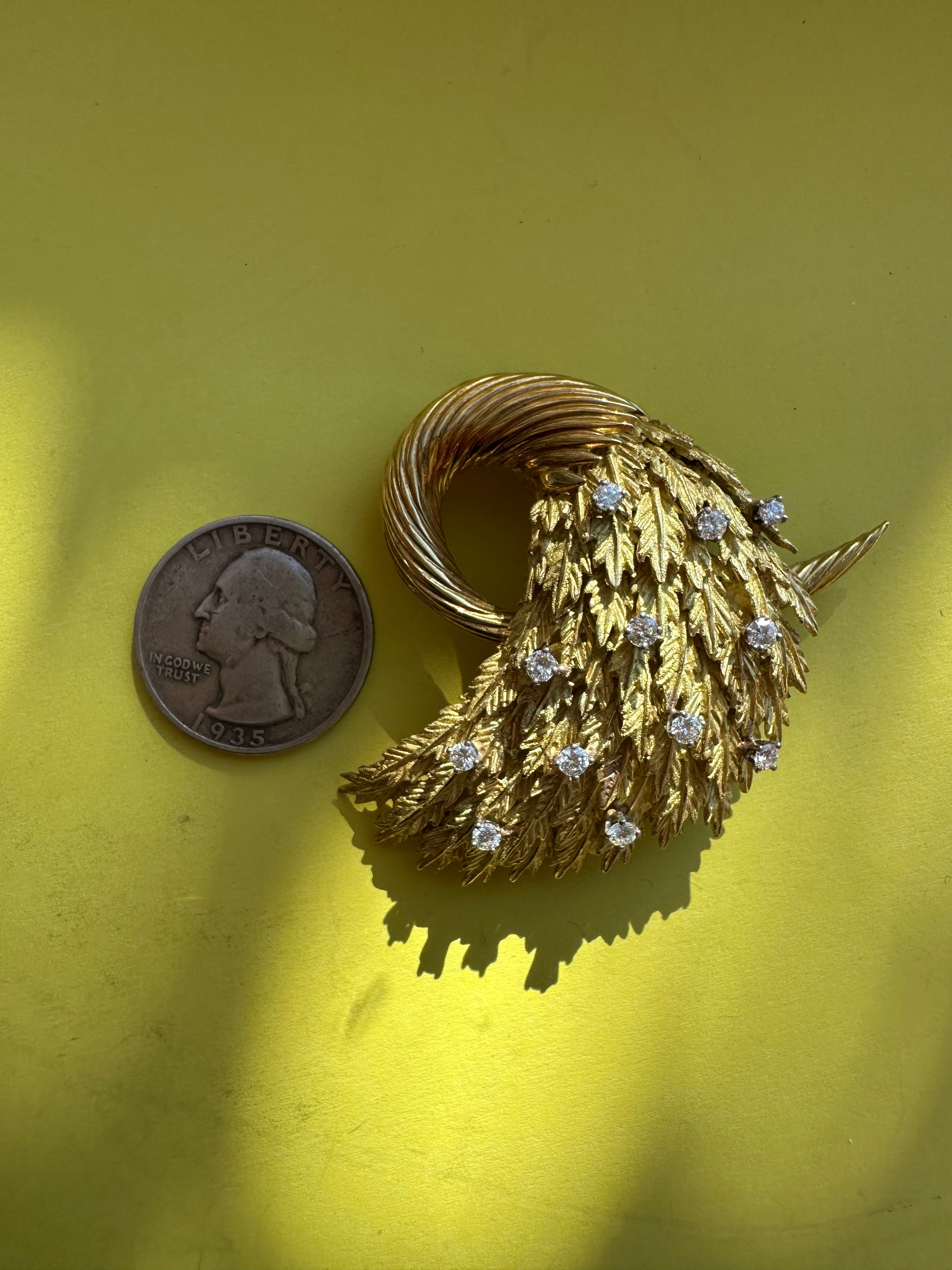 vintage cornucopia feather leaf and diamond brooch