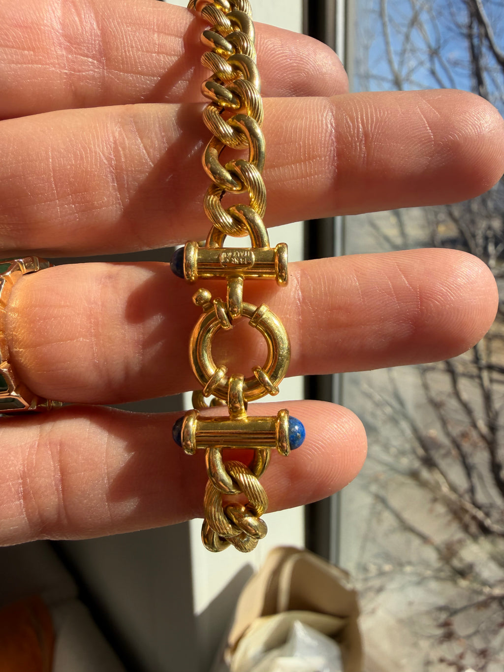 textured curb link bracelet with lapis clasp