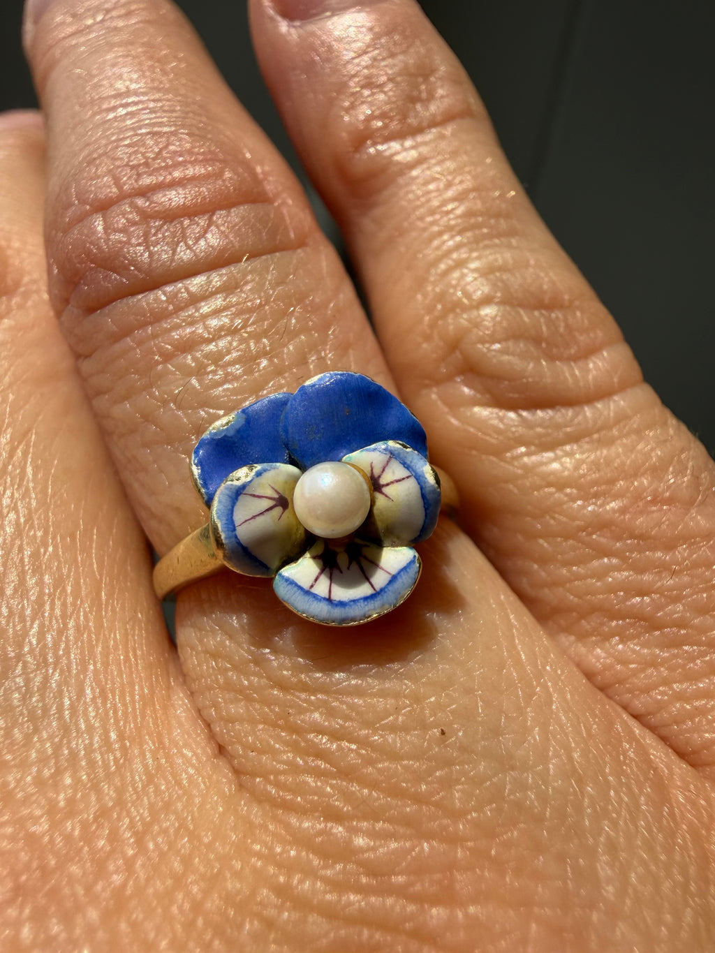 blue enamel pansy and pearl ring