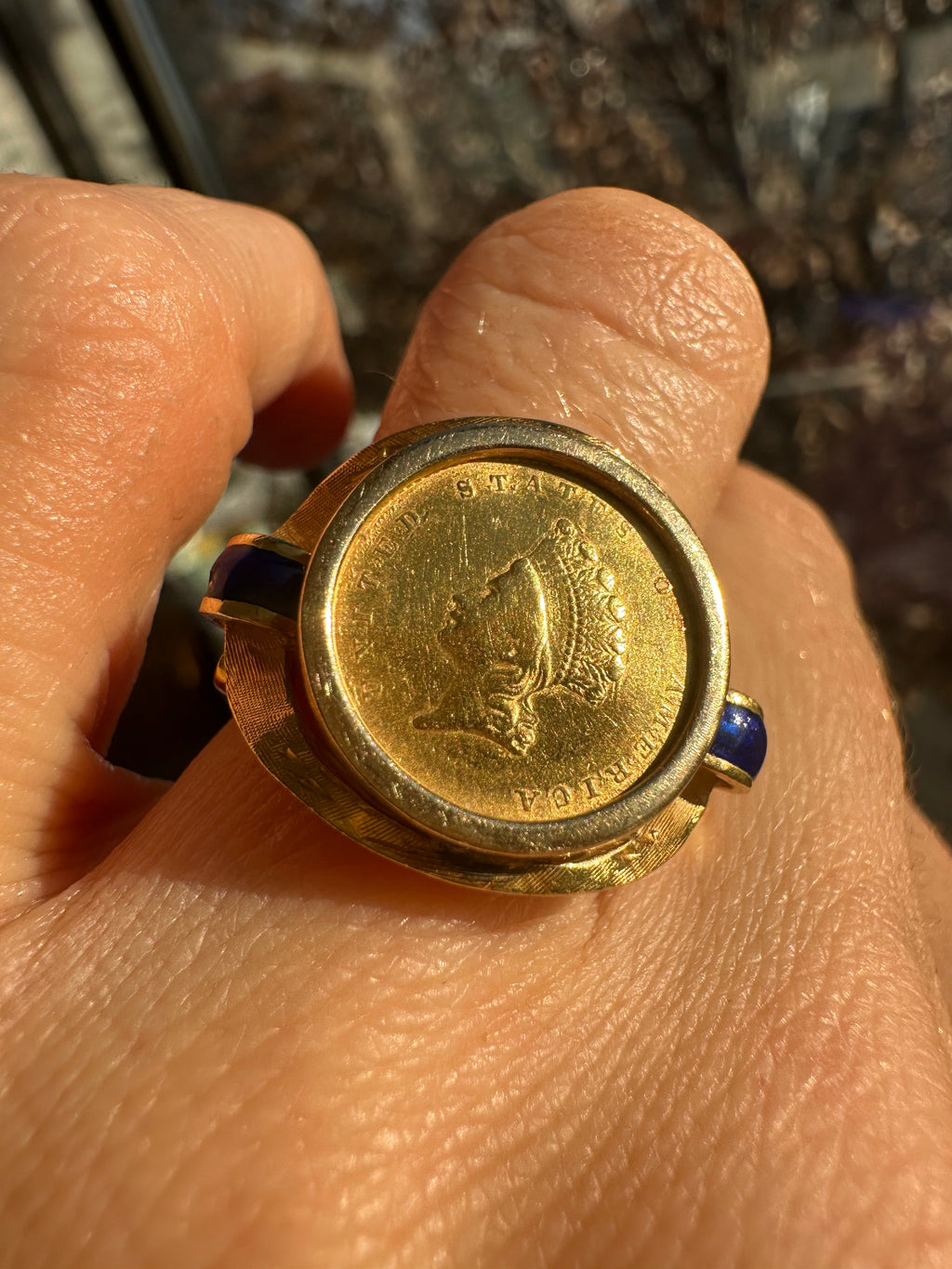 18k gold and blue enamel coin ring
