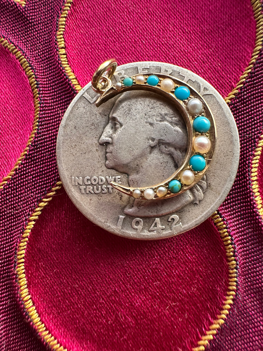 antique seed pearl and turquoise crescent moon // pin conversion